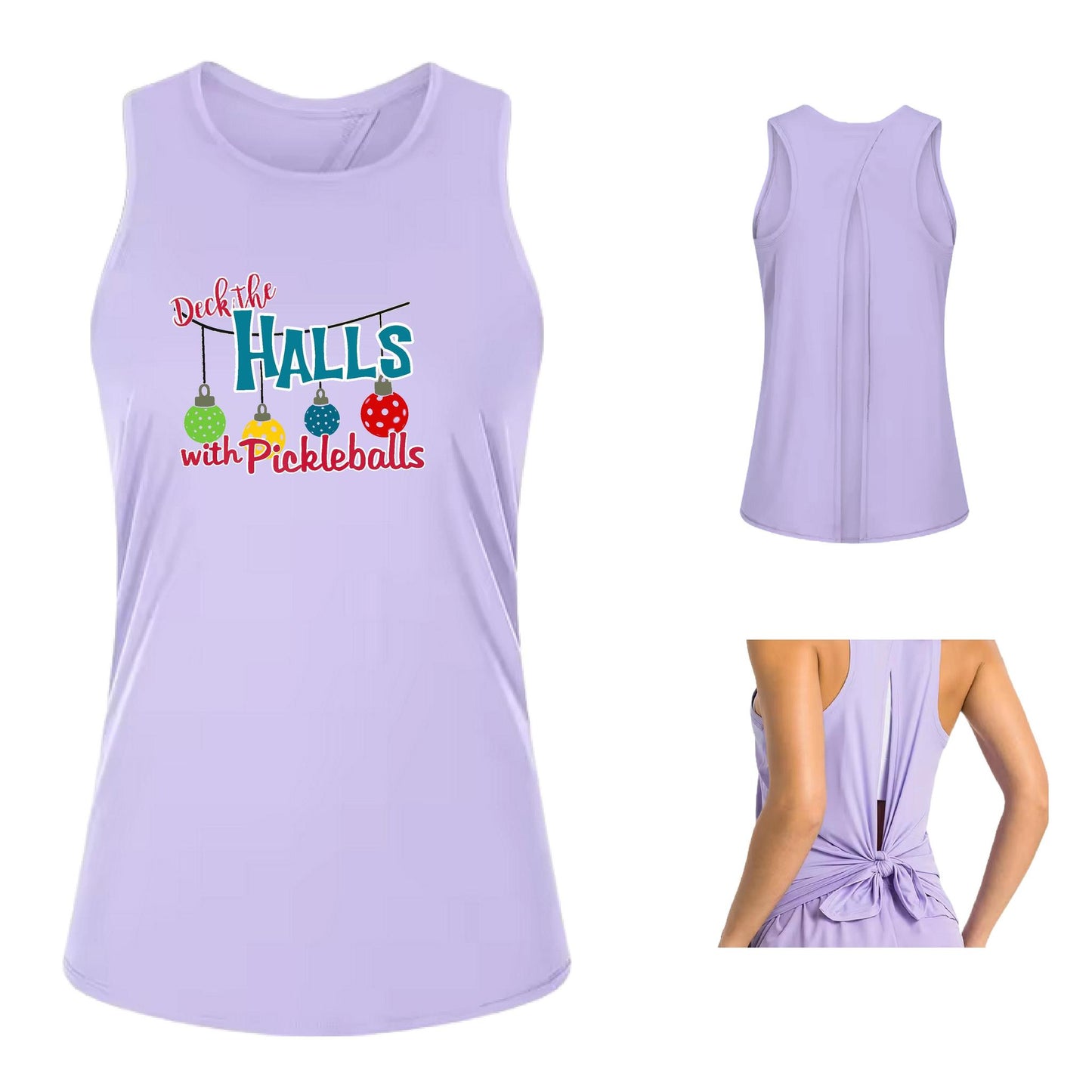 Deck the Halls with Pickleballs | Women's Split Back or Tied Back Pickleball Performance Tank | 80/20 Nylon Spandex Mix