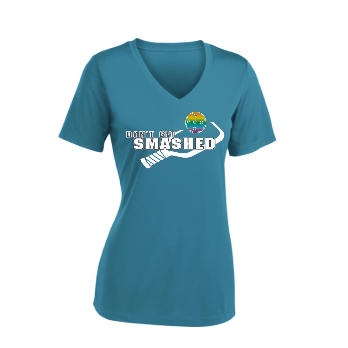 Don't Get Smashed (10 Custom Pickleball Colors) | Women's Short Sleeve V-Neck Pickleball Performance T-Shirts | 100% Polyester