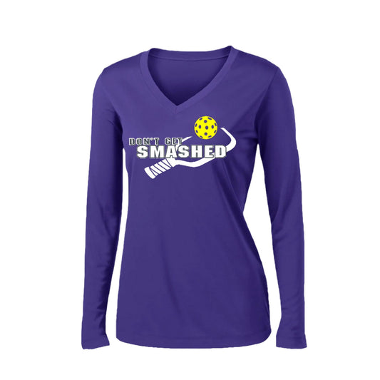 Don't Get Smashed Customizable (Colors Purple White Yellow) | Women's Long Sleeve V-Neck Pickleball Performance T-Shirts | 100% Polyester