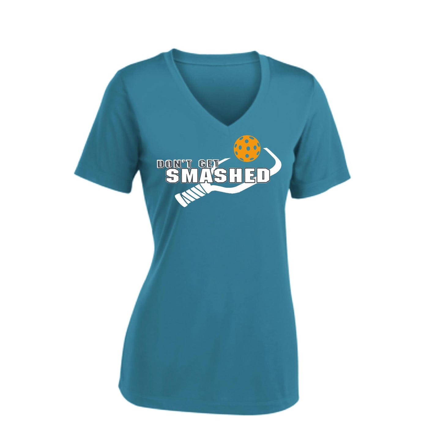 Don't Get Smashed (10 Custom Pickleball Colors) | Women's Short Sleeve V-Neck Pickleball Performance T-Shirts | 100% Polyester