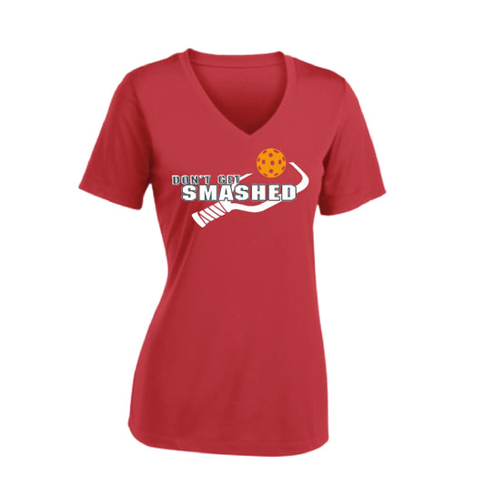 Don't Get Smashed Customizable Pickleballs (Cyan Orange Pink) | Women's Short Sleeve V-Neck Pickleball Performance T-Shirts | 100% Polyester