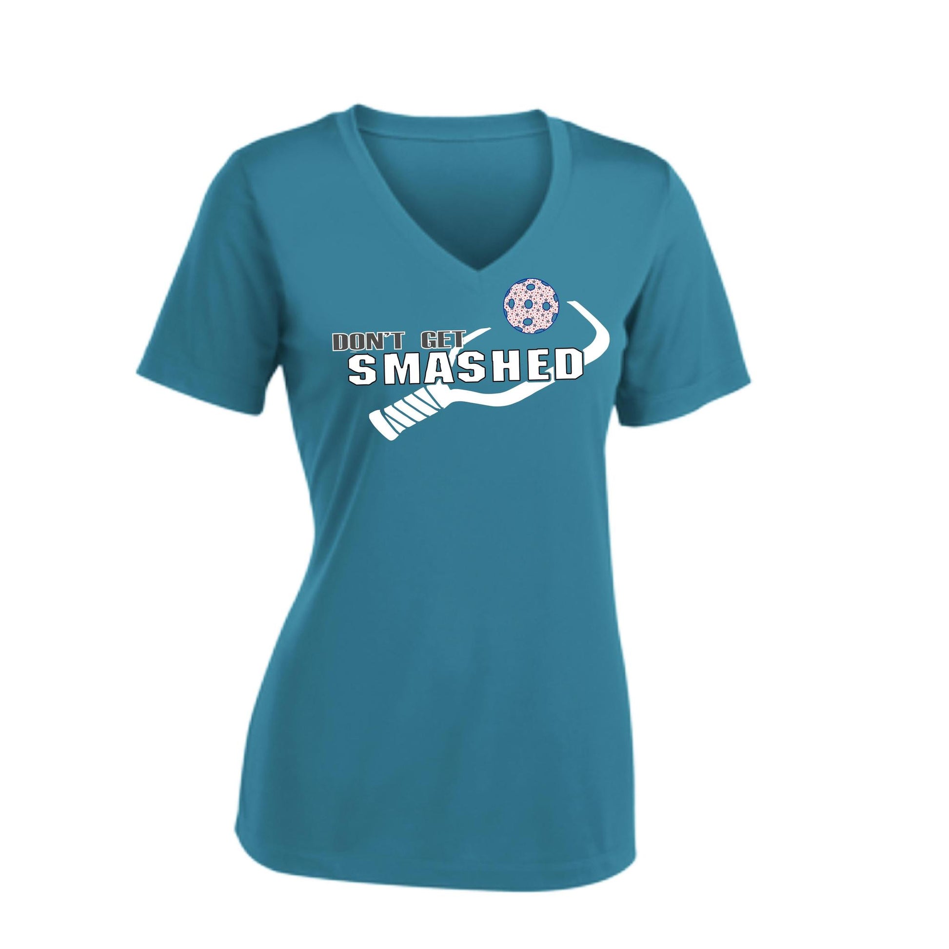 Don't Get Smashed Customizable Pickleballs (Patriotic Stars) | Women's Short Sleeve V-Neck Pickleball Performance T-Shirts | 100% Polyester