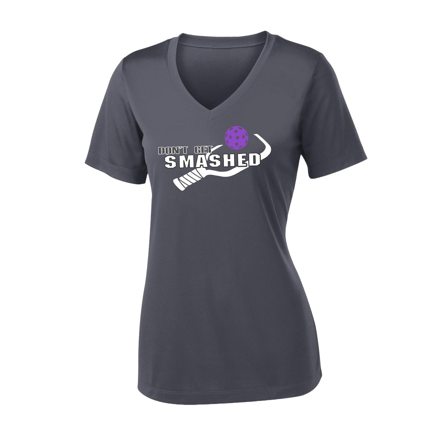 Don't Get Smashed (10 Custom Pickleball Colors) | Women's Short Sleeve V-Neck Pickleball Performance T-Shirts | 100% Polyester