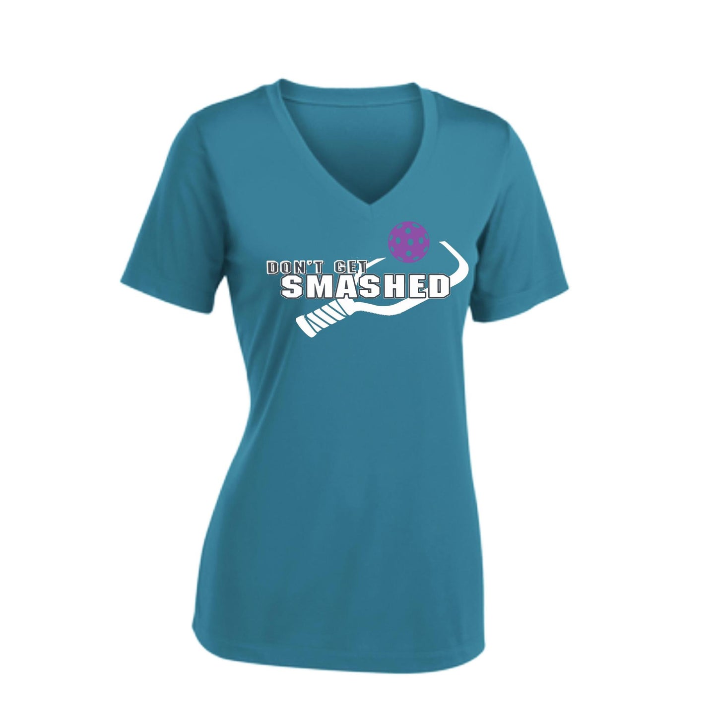 Don't Get Smashed (10 Custom Pickleball Colors) | Women's Short Sleeve V-Neck Pickleball Performance T-Shirts | 100% Polyester