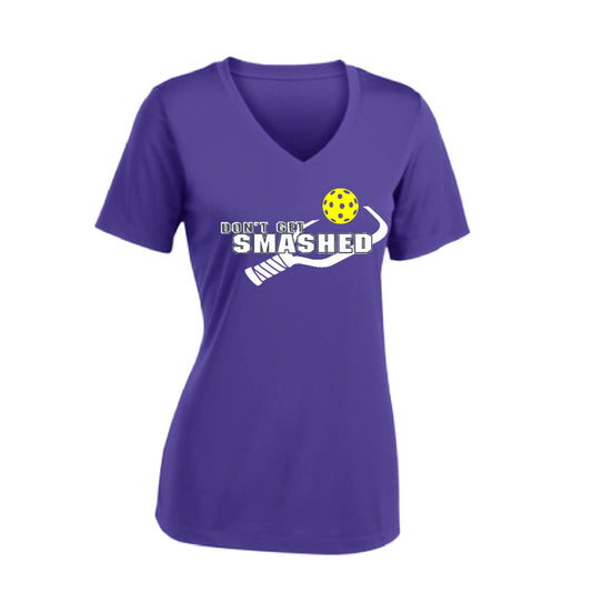 Don't Get Smashed Customizable Pickleballs (Purple White Yellow) | Women's Short Sleeve V-Neck Pickleball Performance T-Shirts | 100% Polyester