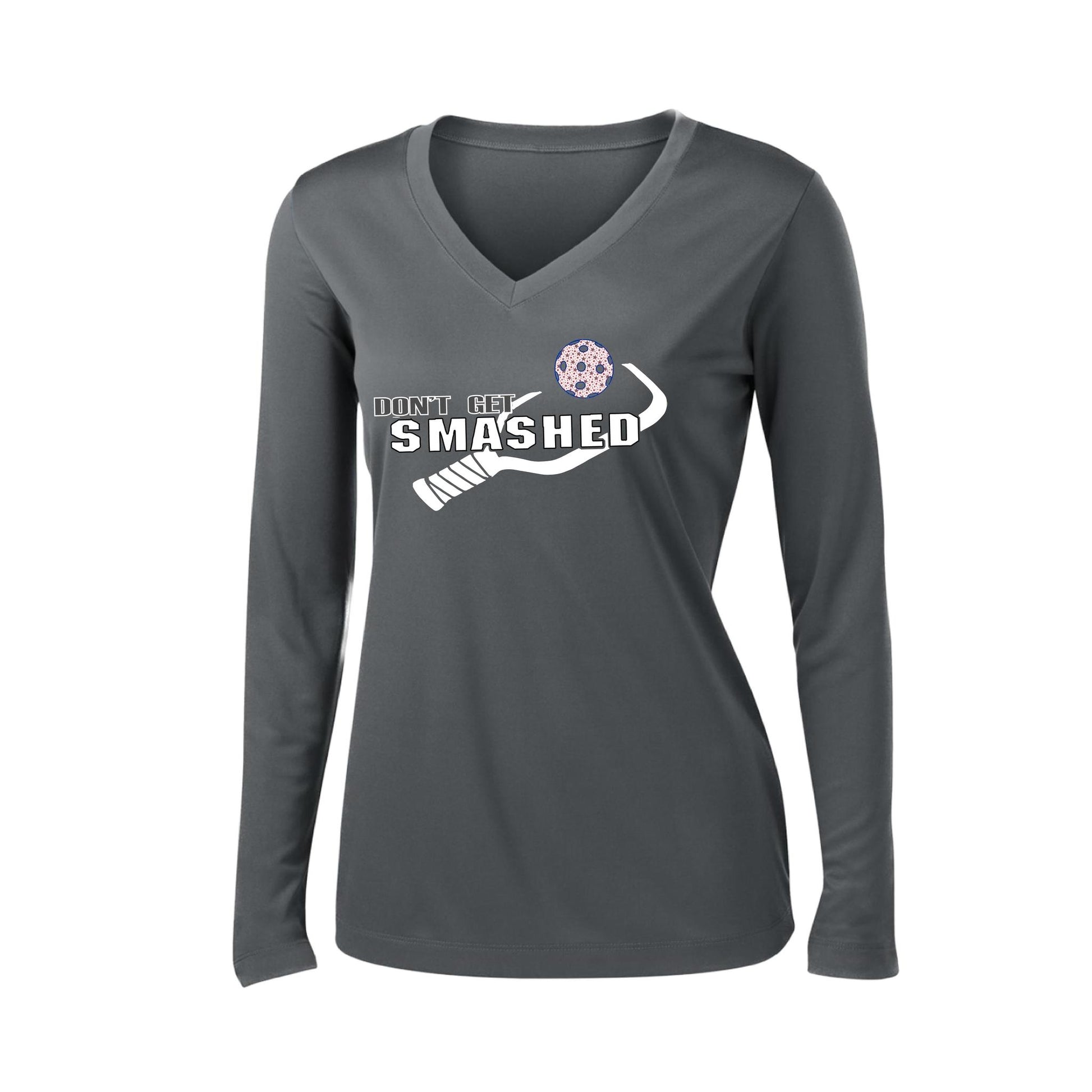 Don't Get Smashed (Patriotic Stars) | Women's Long Sleeve V-Neck Pickleball Performance T-Shirts | 100% Polyester