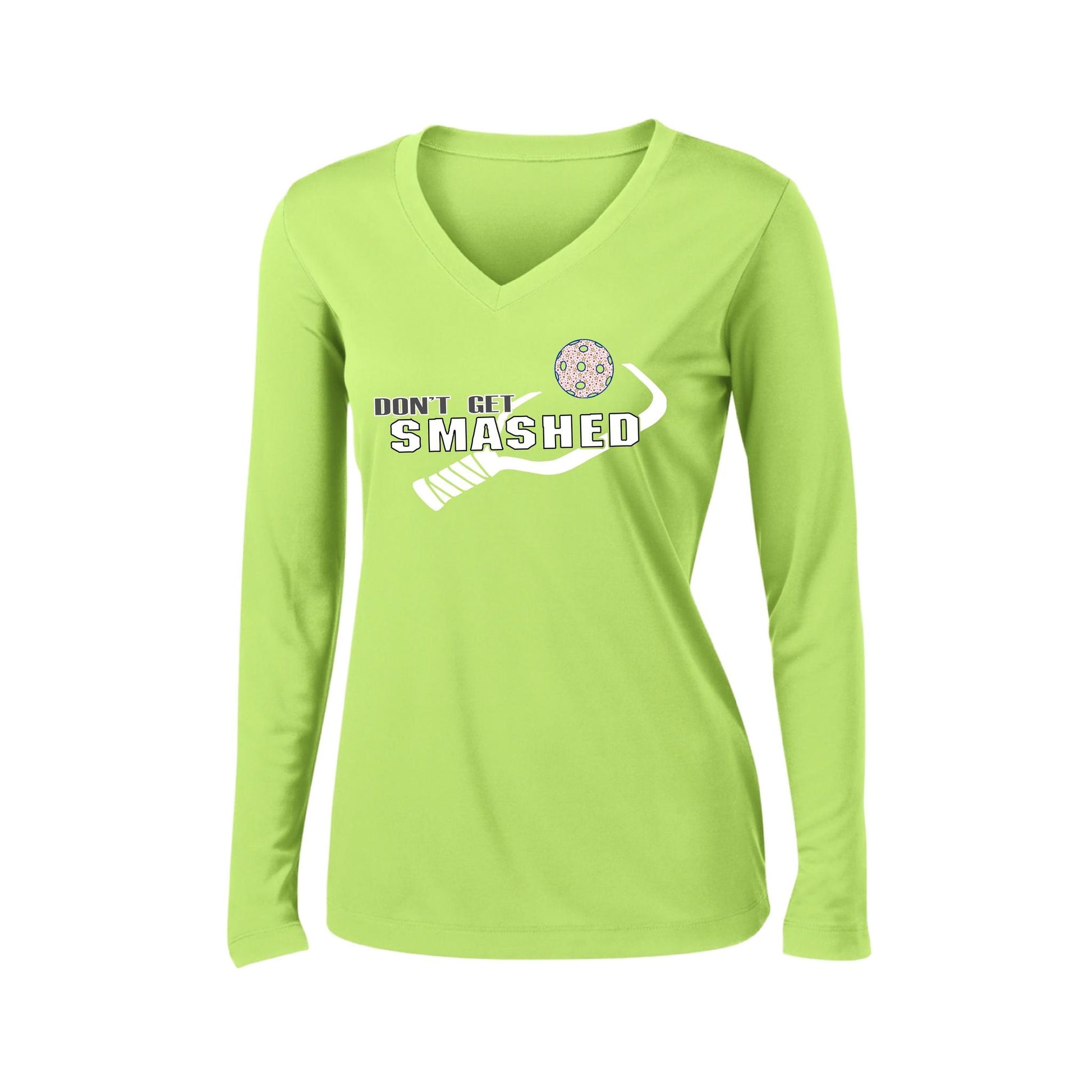 Don't Get Smashed (Patriotic Stars) | Women's Long Sleeve V-Neck Pickleball Performance T-Shirts | 100% Polyester
