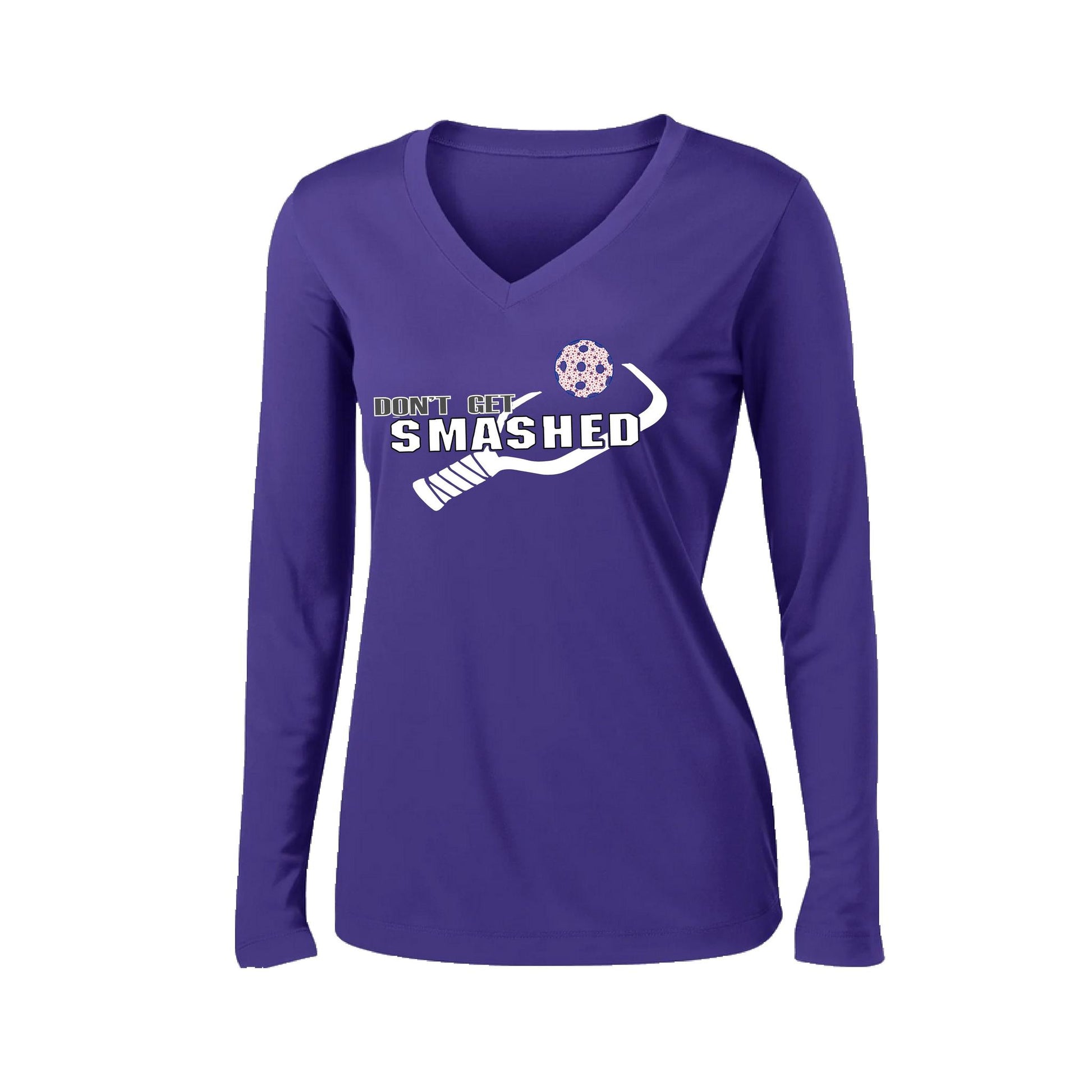 Don't Get Smashed (Patriotic Stars) | Women's Long Sleeve V-Neck Pickleball Performance T-Shirts | 100% Polyester