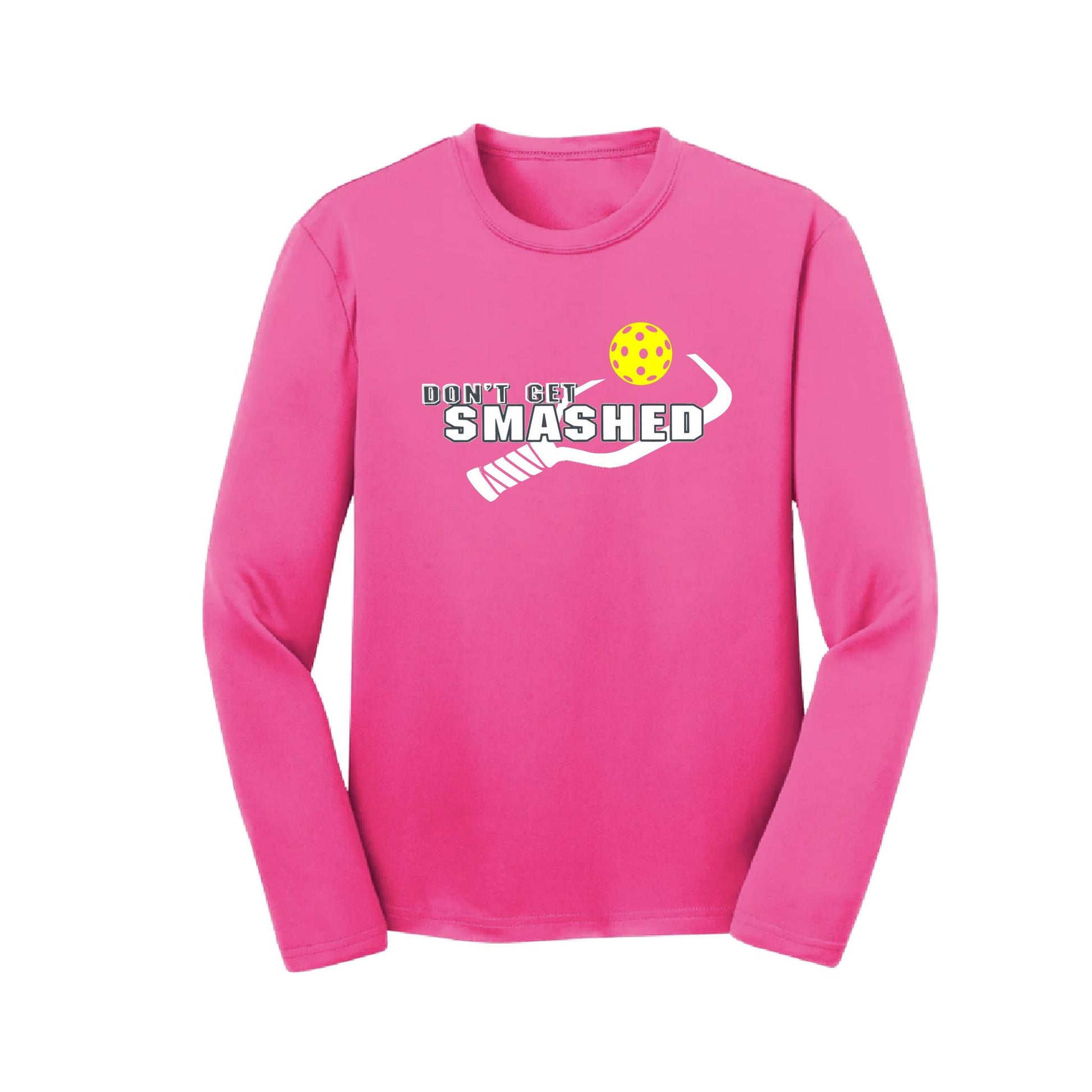 Don't Get Smashed (Purple White Yellow Pickleball Colors) | Youth Long Sleeve Pickleball Performance T-Shirts | 100% Polyester