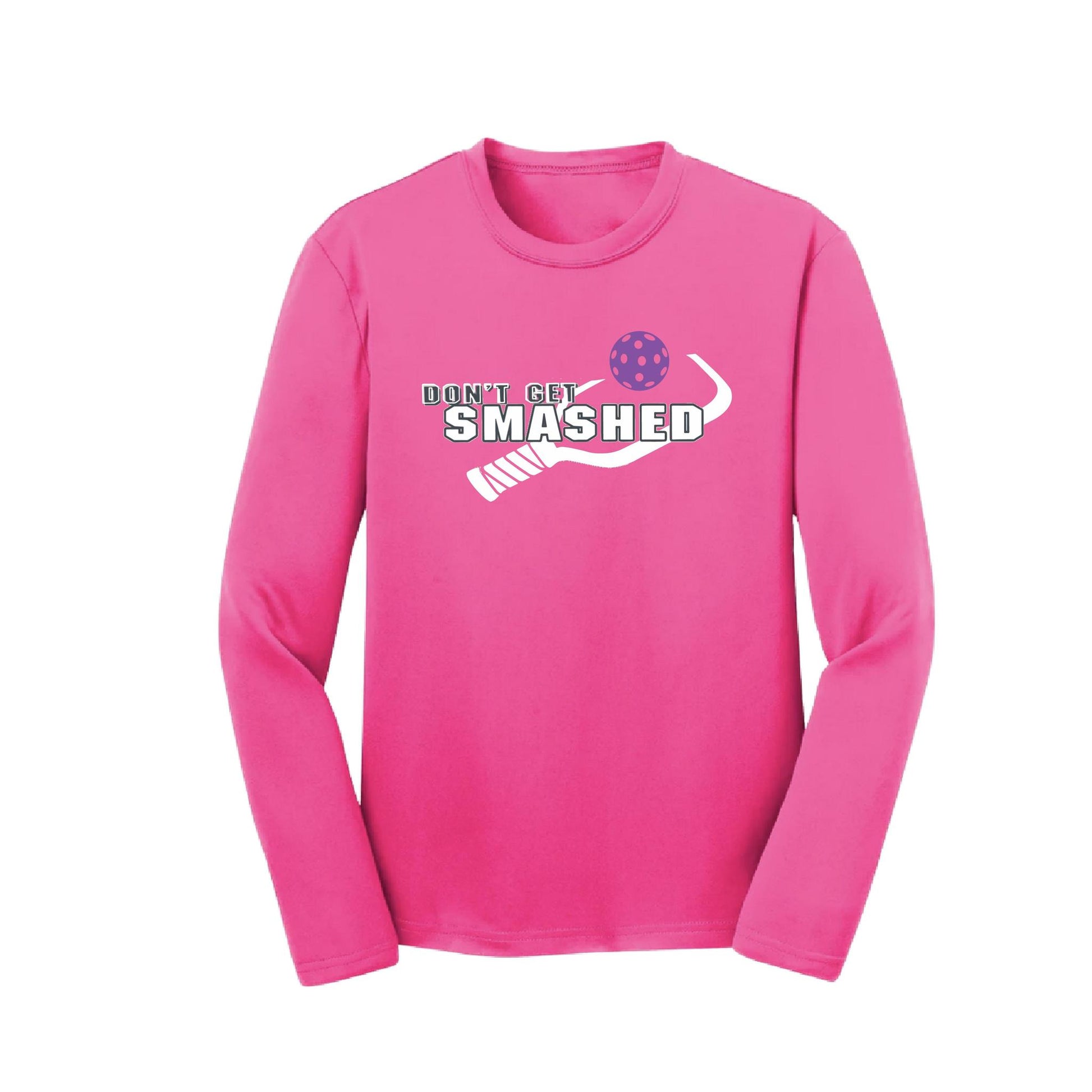 Don't Get Smashed (Purple White Yellow Pickleball Colors) | Youth Long Sleeve Pickleball Performance T-Shirts | 100% Polyester