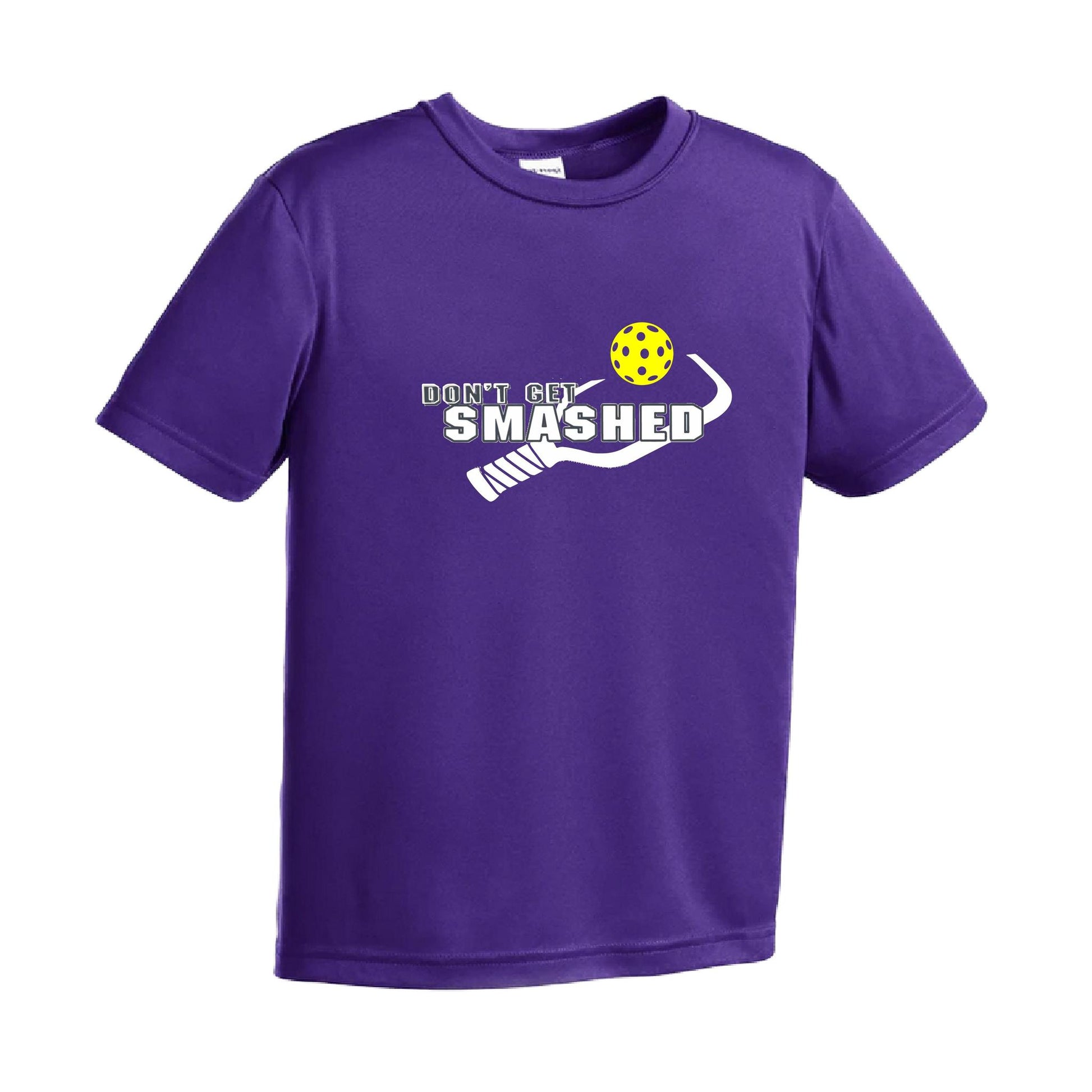 Don't Get Smashed (Purple White Yellow Pickleball Colors) | Youth Short Sleeve Pickleball Performance T-Shirts | 100% Polyester