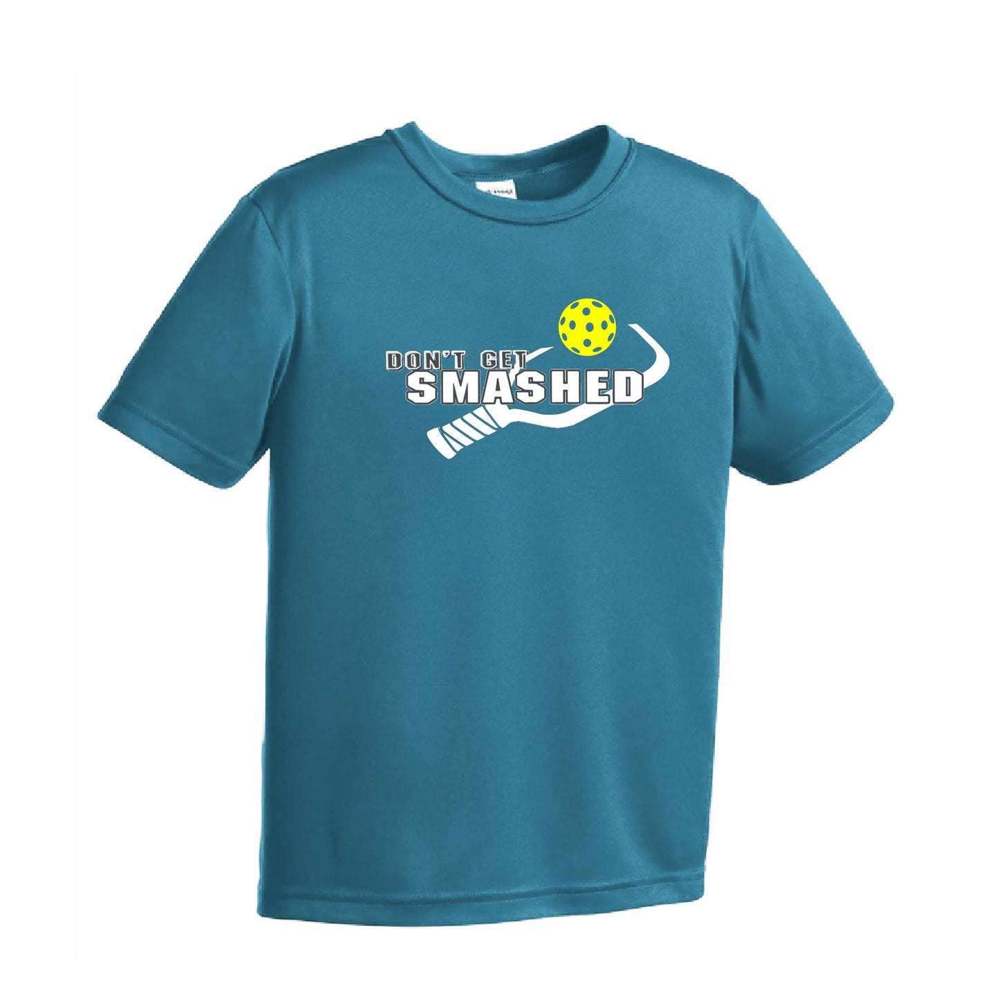 Don't Get Smashed (Purple White Yellow Pickleball Colors) | Youth Short Sleeve Pickleball Performance T-Shirts | 100% Polyester