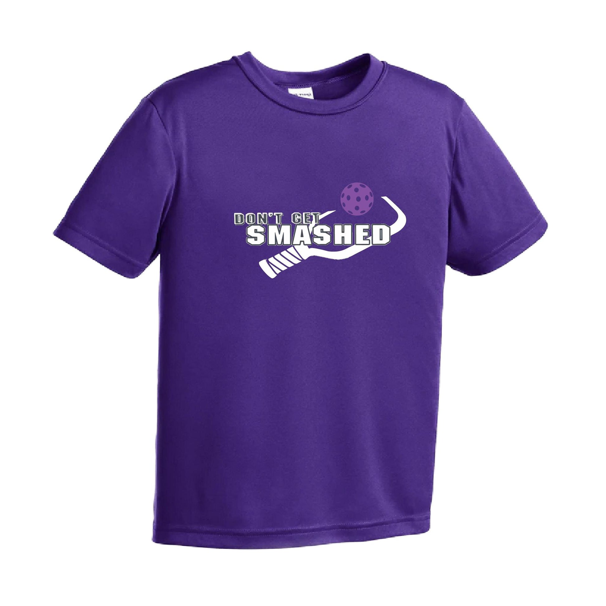 Don't Get Smashed (Purple White Yellow Pickleball Colors) | Youth Short Sleeve Pickleball Performance T-Shirts | 100% Polyester