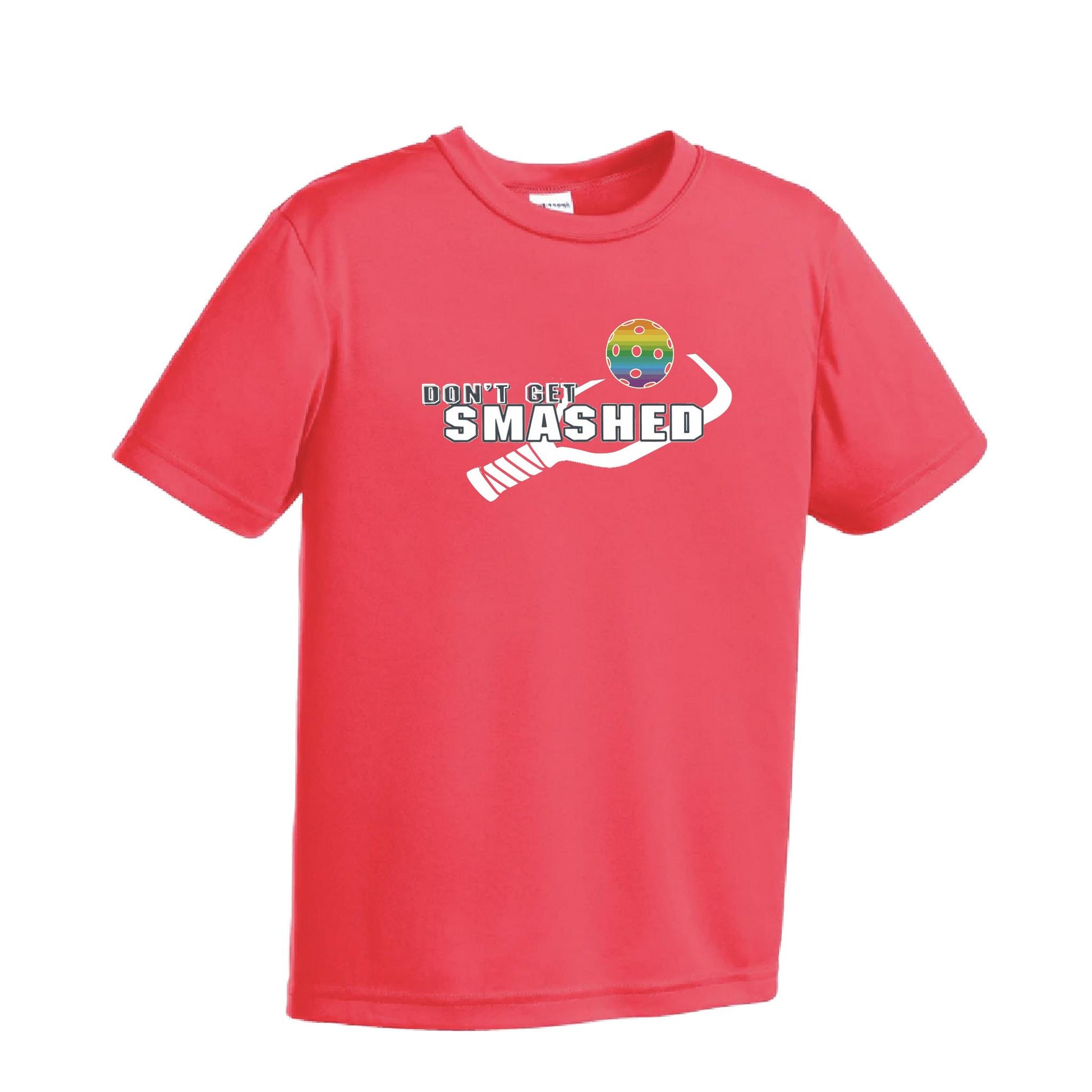 Don't Get Smashed (Red Green Rainbow Pickleball Colors) | Youth Short Sleeve Pickleball Performance T-Shirts | 100% Polyester