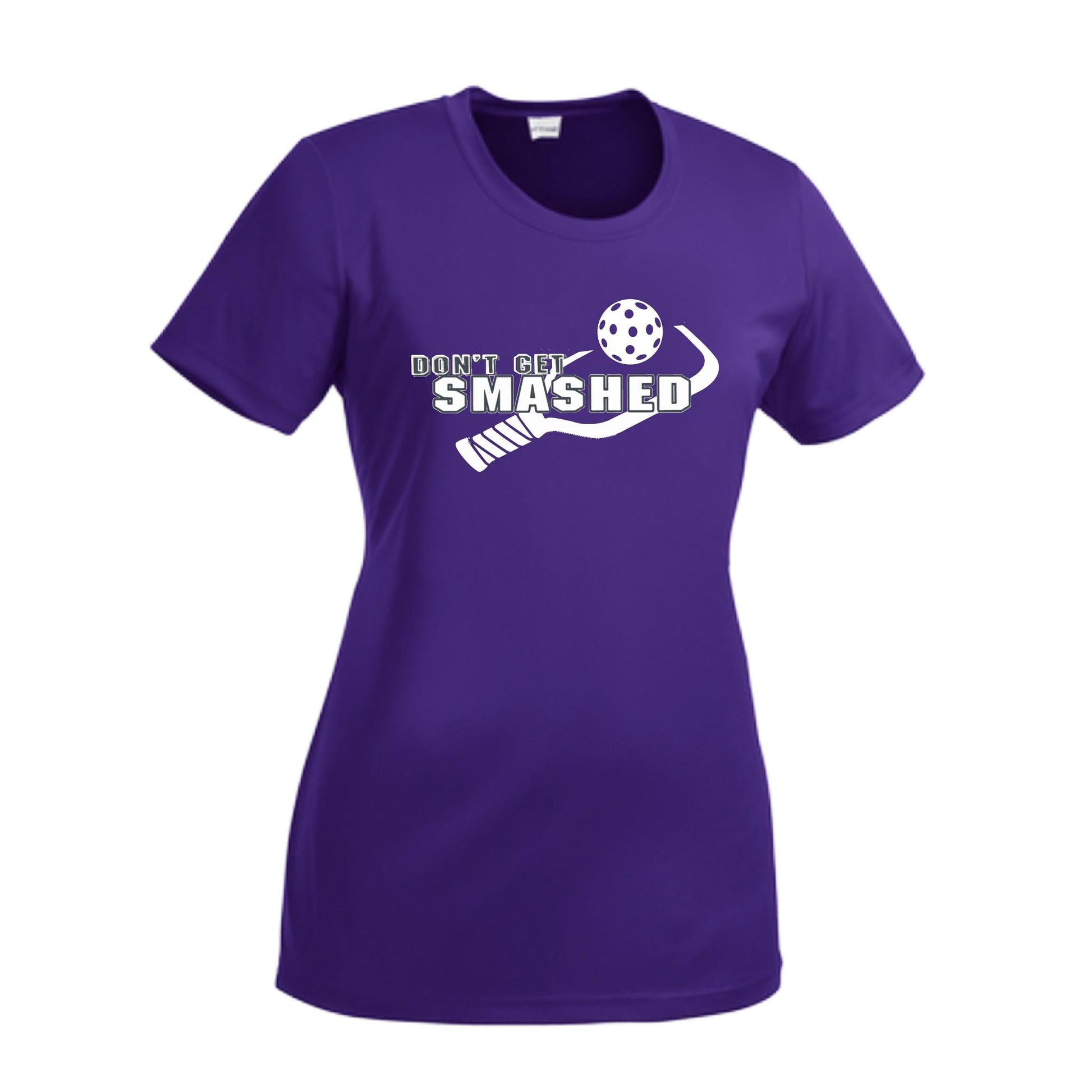 Don't Get Smashed With Pickleballs (Purple White Yellow) Customizable | Women’s Short Sleeve Crewneck Athletic Performance T-Shirts | 100% Polyester