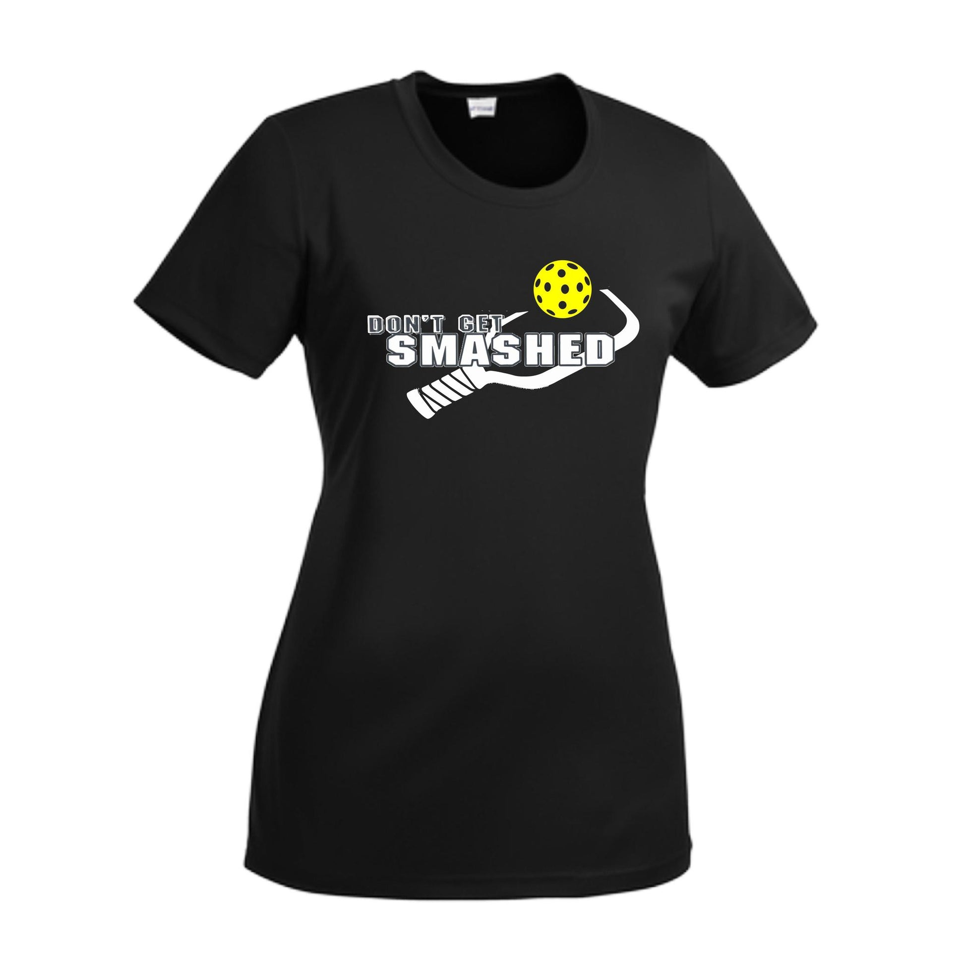 Don't Get Smashed With Pickleballs (Purple White Yellow) Customizable | Women’s Short Sleeve Crewneck Athletic Performance T-Shirts | 100% Polyester