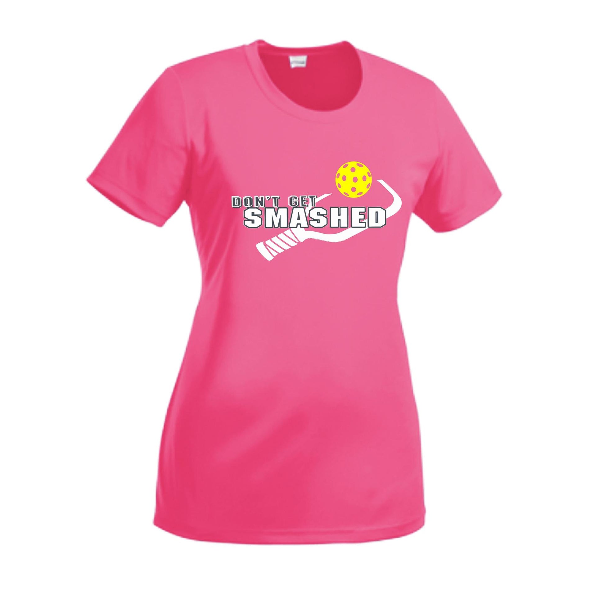Don't Get Smashed With Pickleballs (Purple White Yellow) Customizable | Women’s Short Sleeve Crewneck Athletic Performance T-Shirts | 100% Polyester