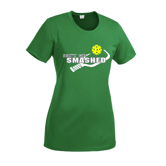 Don't Get Smashed With Pickleballs (Purple White Yellow) Customizable | Women’s Short Sleeve Crewneck Athletic Performance T-Shirts | 100% Polyester