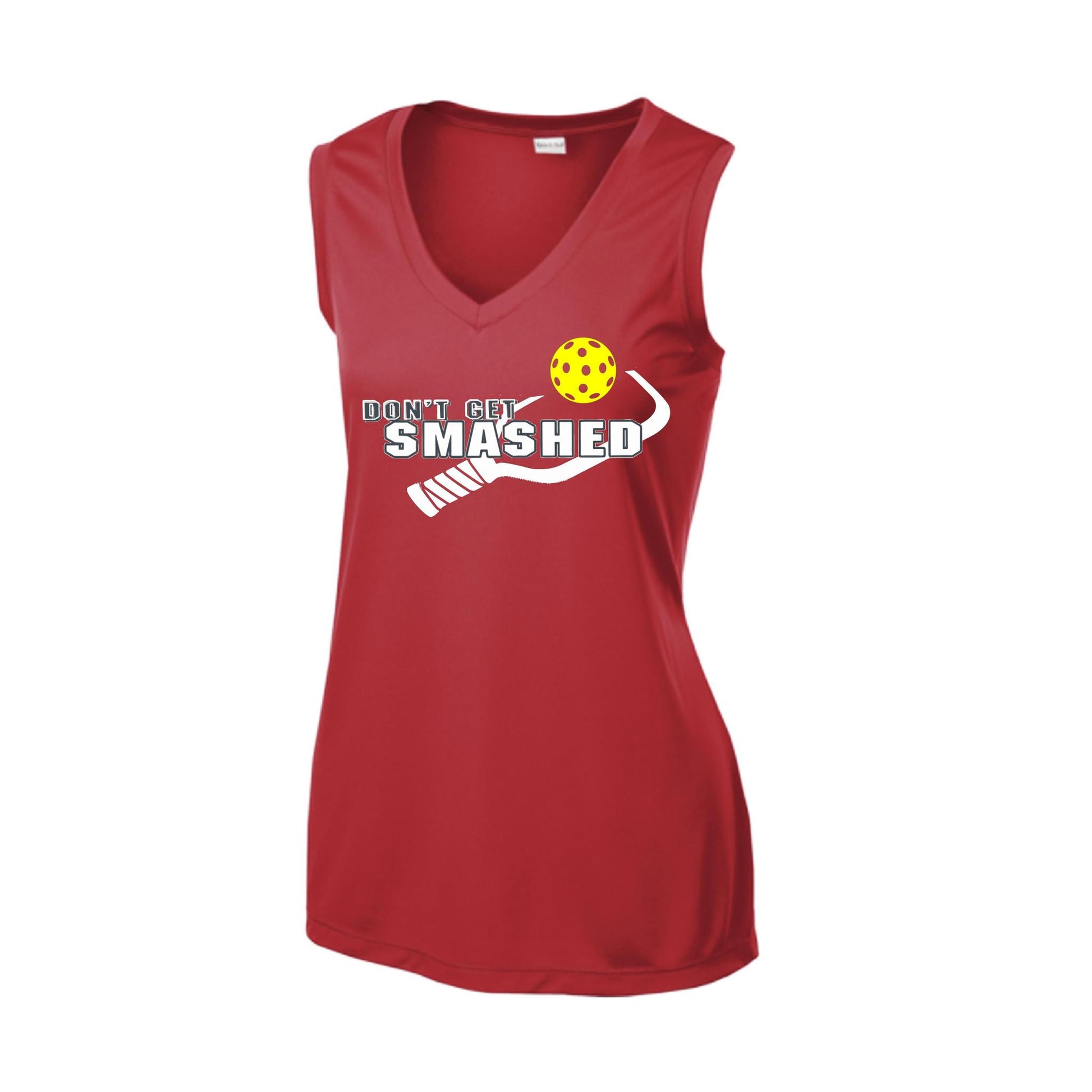 Don't Get Smashed With Pickleballs (Purple White Yellow) | Women’s Sleeveless Athletic Performance T-Shirt | 100% Polyester