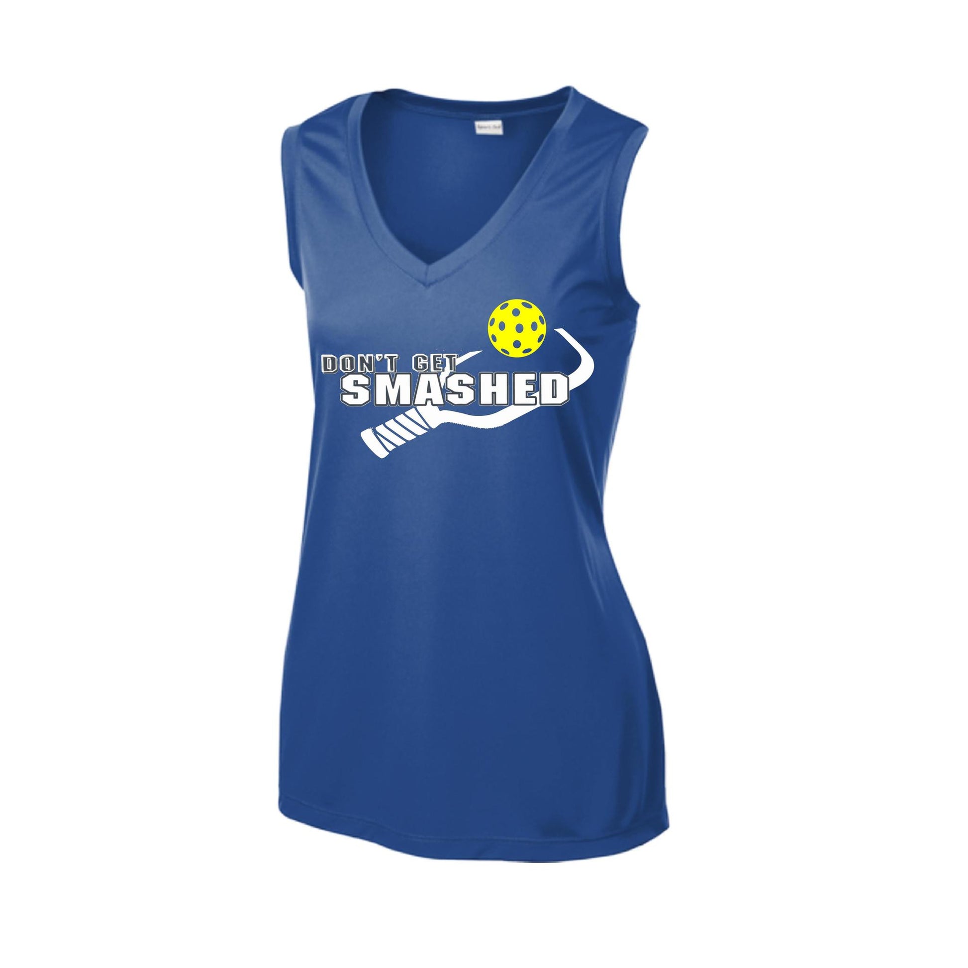 Don't Get Smashed With Pickleballs (Purple White Yellow) | Women’s Sleeveless Athletic Performance T-Shirt | 100% Polyester