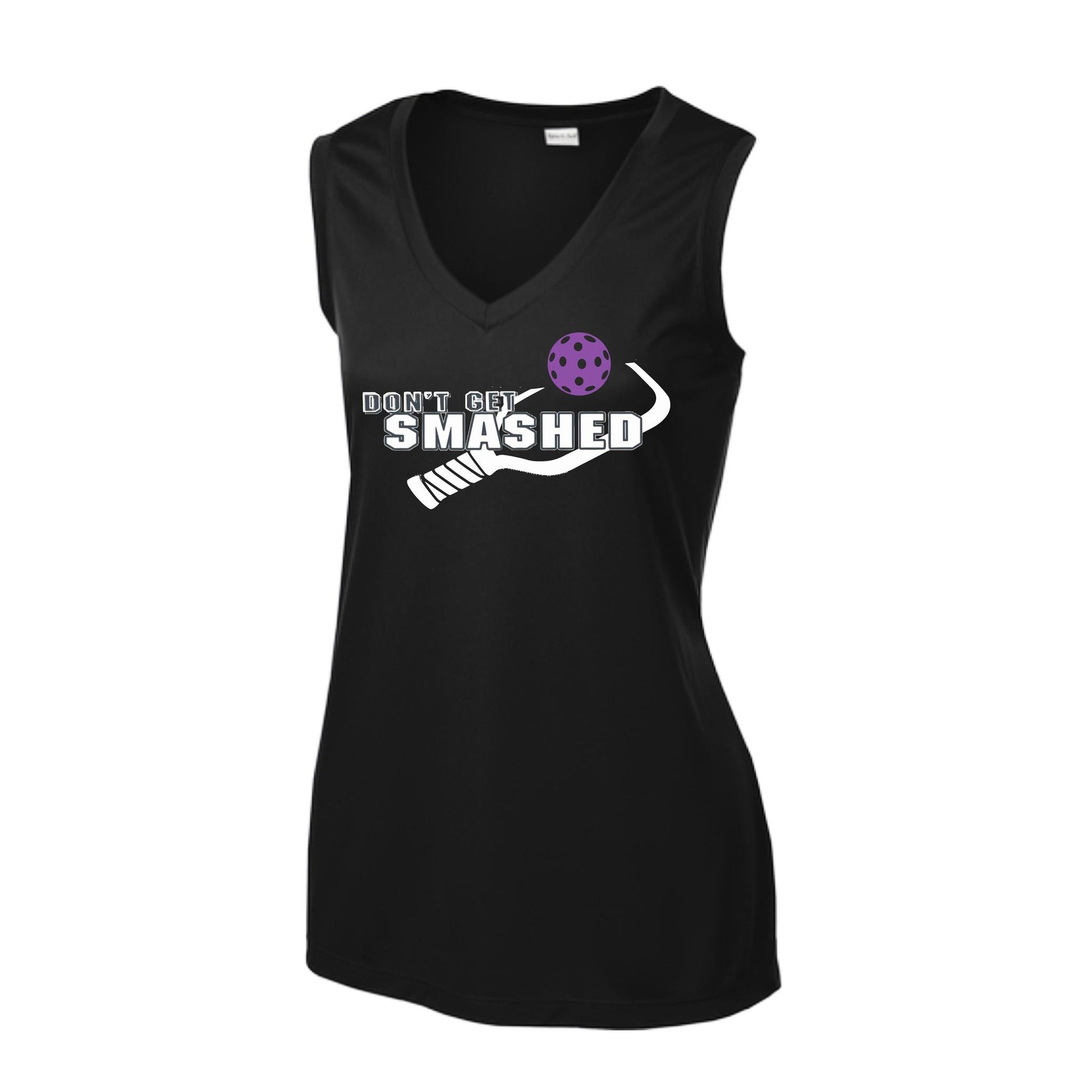 Don't Get Smashed With Pickleballs (Purple White Yellow) | Women’s Sleeveless Athletic Performance T-Shirt | 100% Polyester
