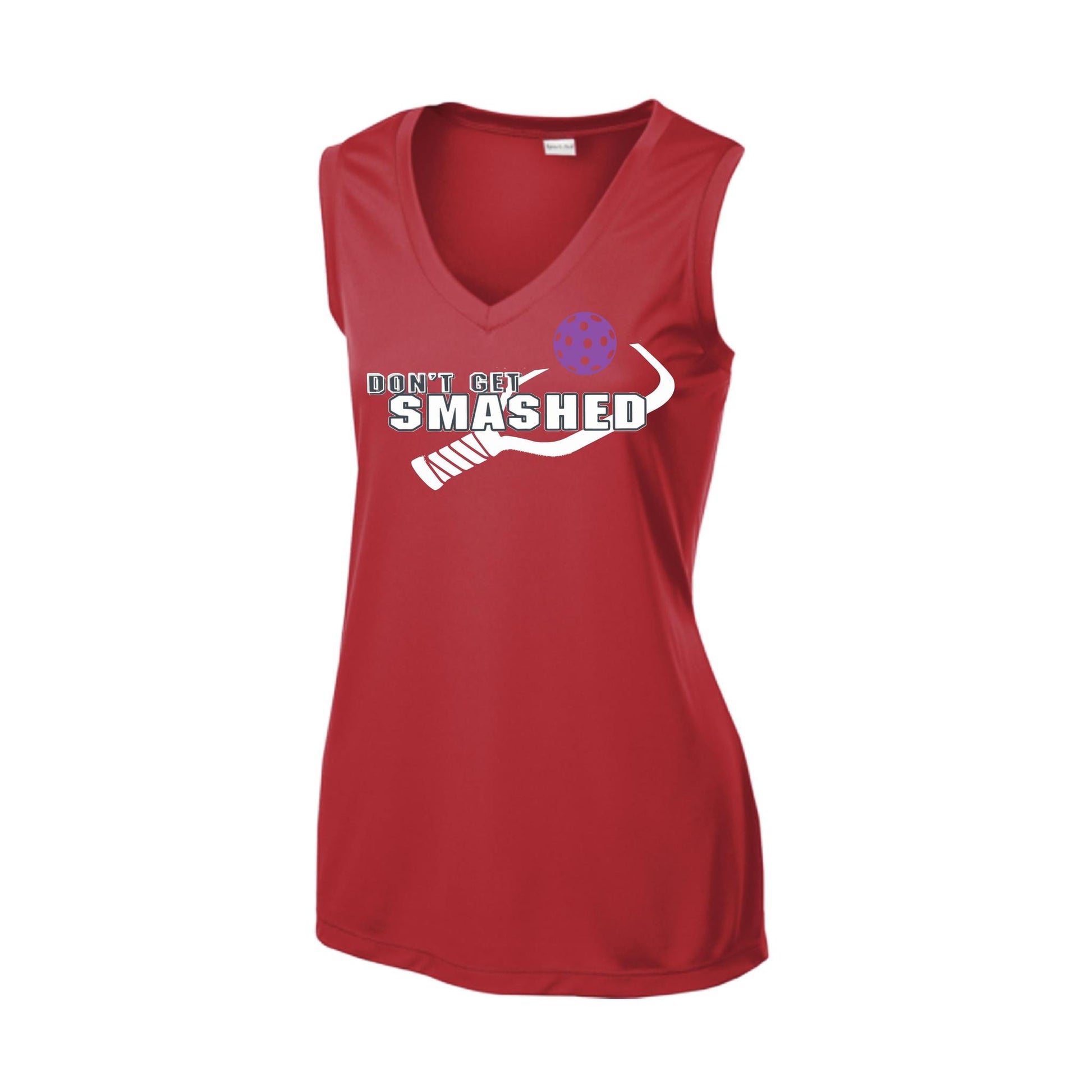 Don't Get Smashed With Pickleballs (Purple White Yellow) | Women’s Sleeveless Athletic Performance T-Shirt | 100% Polyester