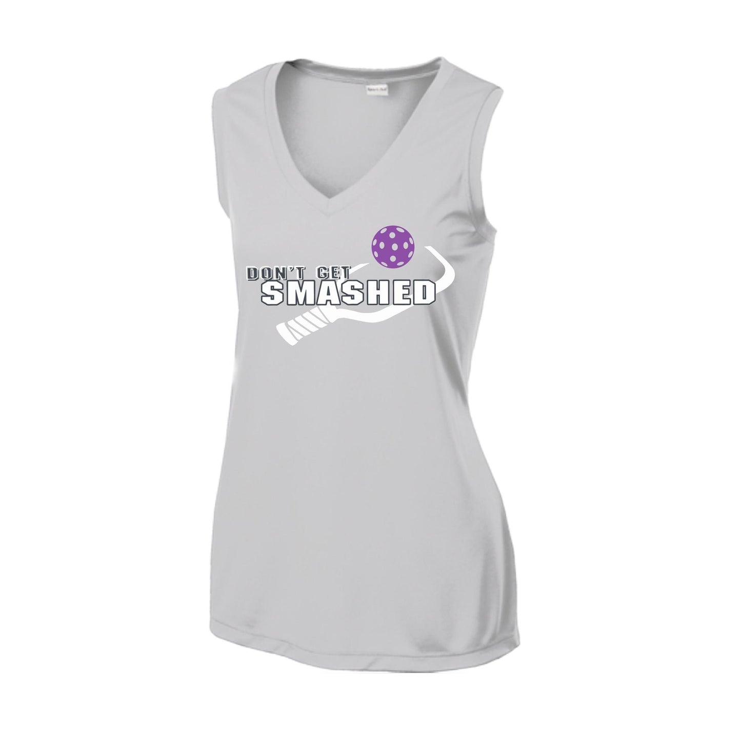 Don't Get Smashed With Pickleballs (Purple White Yellow) | Women’s Sleeveless Athletic Performance T-Shirt | 100% Polyester