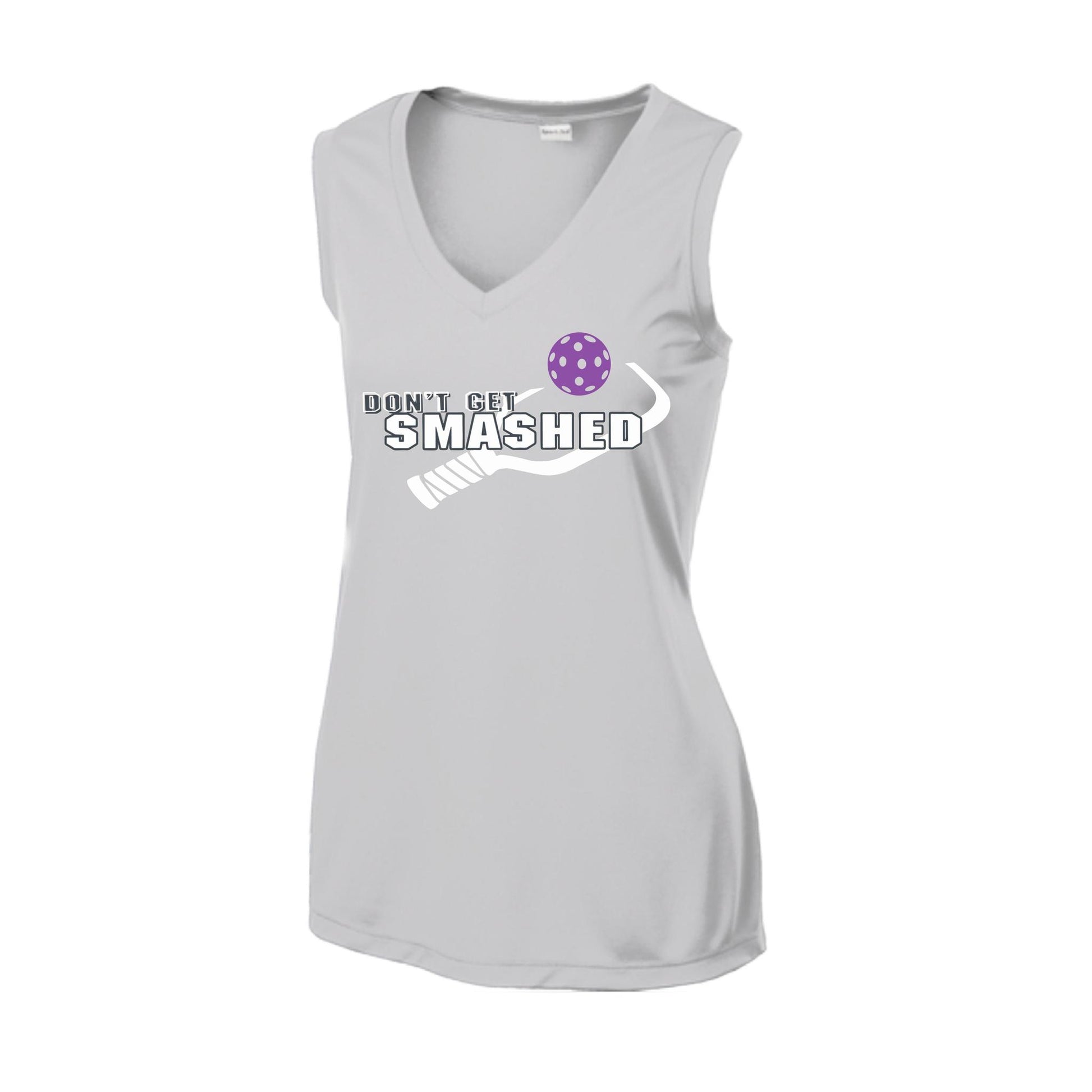 Don't Get Smashed With Pickleballs (Purple White Yellow) | Women’s Sleeveless Athletic Performance T-Shirt | 100% Polyester