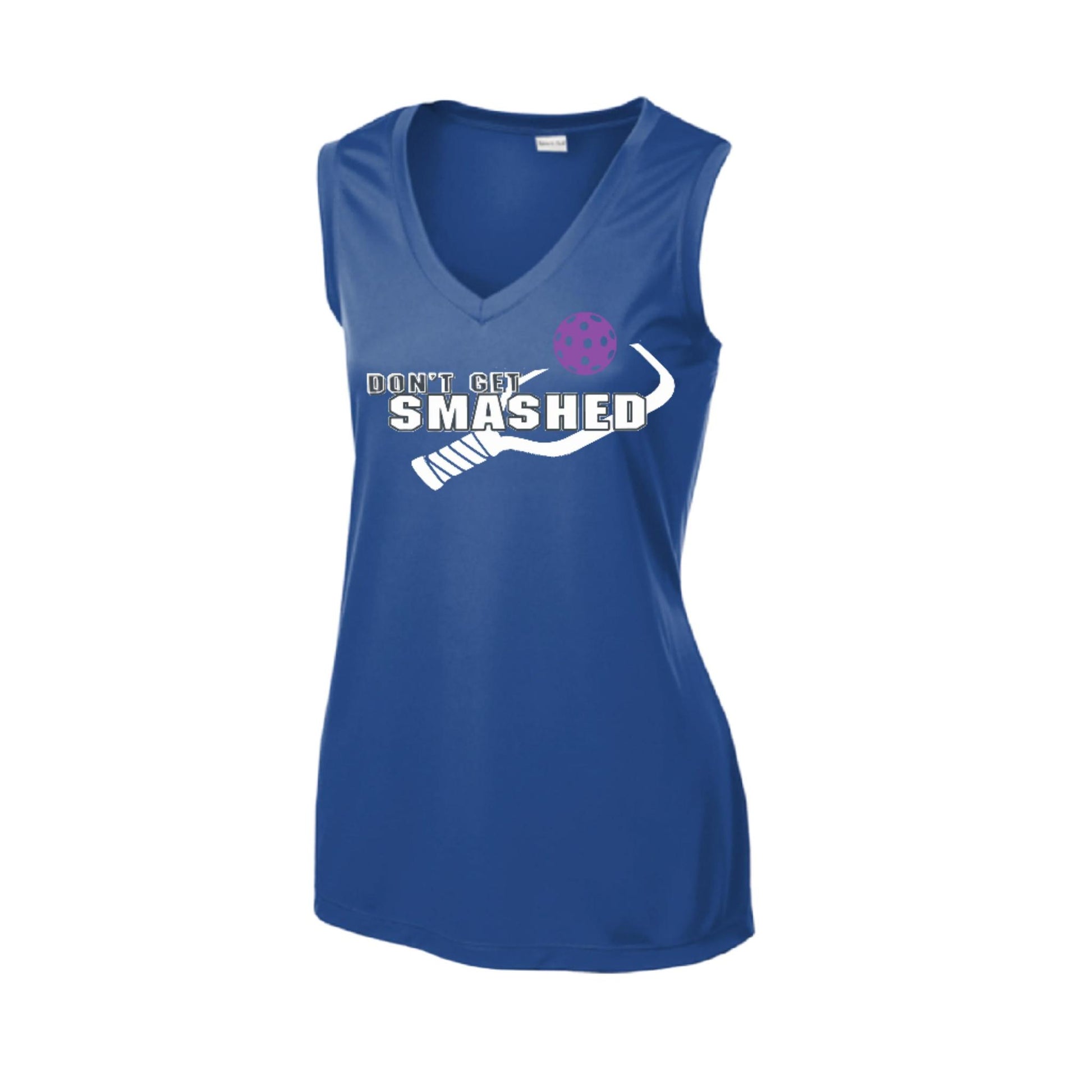 Don't Get Smashed With Pickleballs (Purple White Yellow) | Women’s Sleeveless Athletic Performance T-Shirt | 100% Polyester