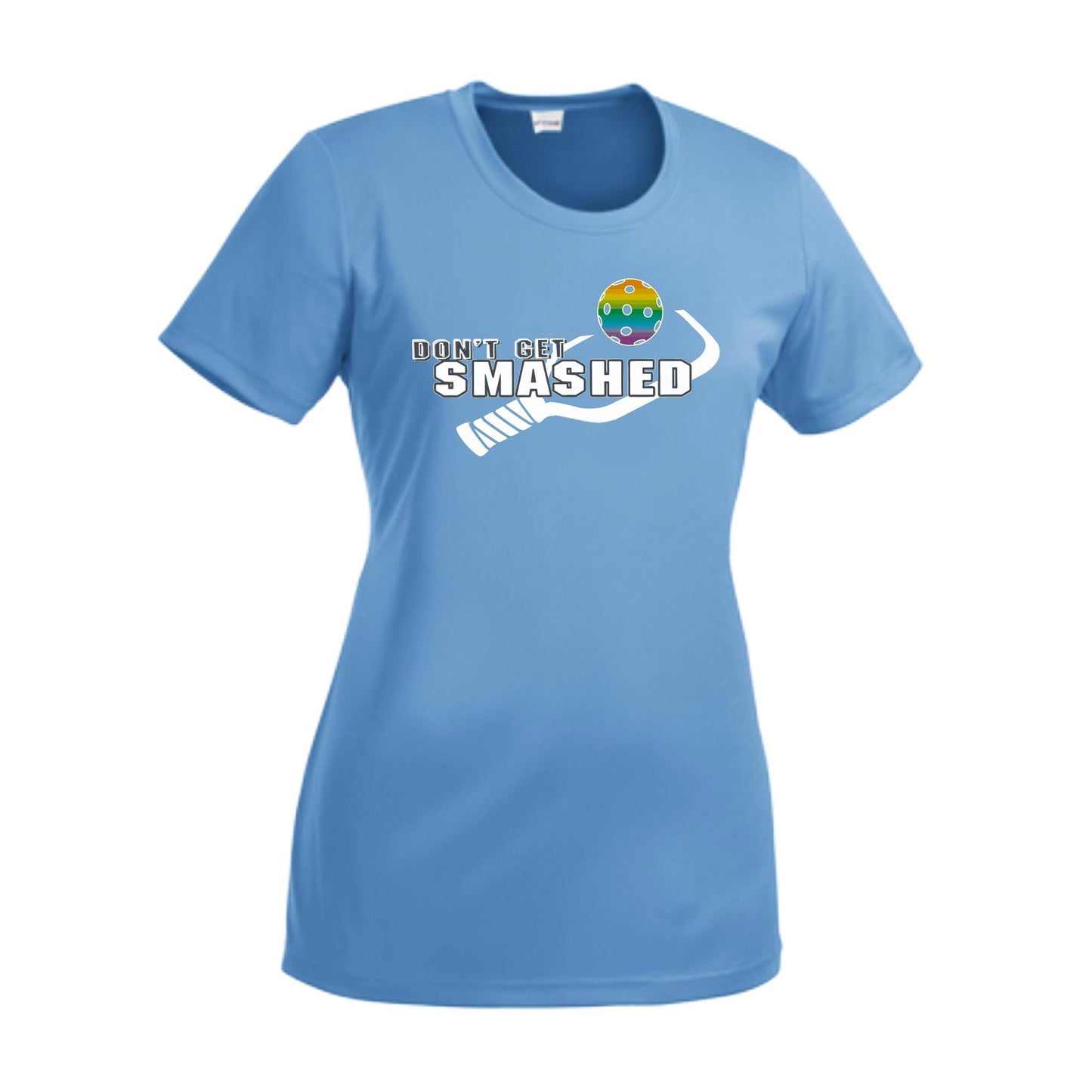 Don't Get Smashed With Pickleballs (Red Green Rainbow) Customizable | Women’s Short Sleeve Crewneck Athletic Performance T-Shirts | 100% Polyester
