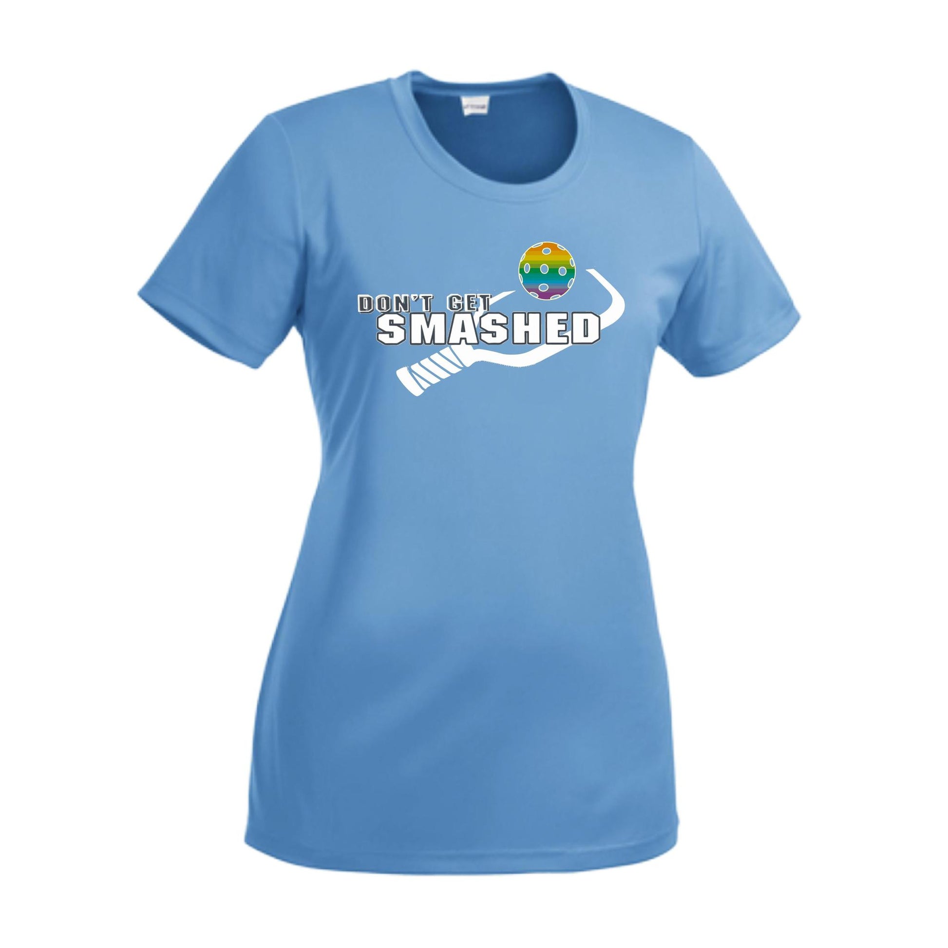 Don't Get Smashed With Pickleballs (Red Green Rainbow) Customizable | Women’s Short Sleeve Crewneck Athletic Performance T-Shirts | 100% Polyester