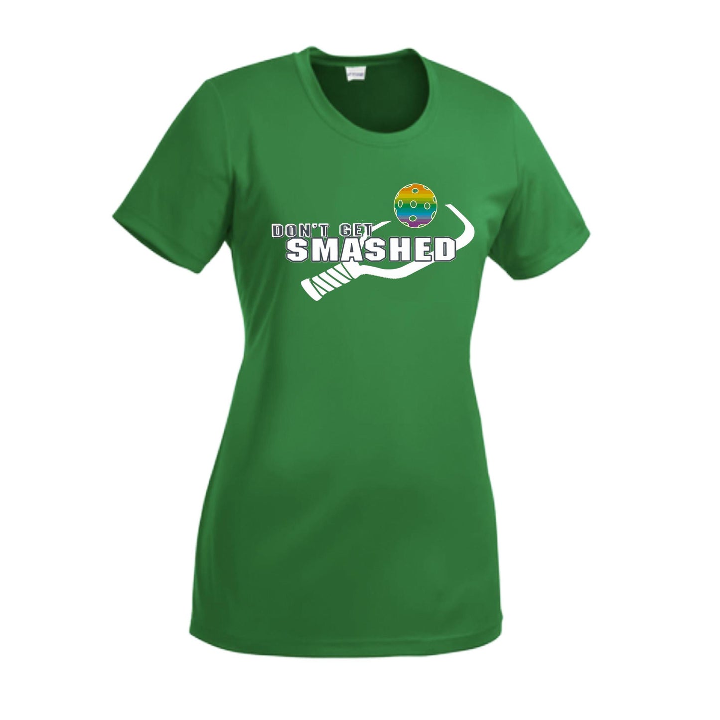 Don't Get Smashed With Pickleballs (Red Green Rainbow) Customizable | Women’s Short Sleeve Crewneck Athletic Performance T-Shirts | 100% Polyester