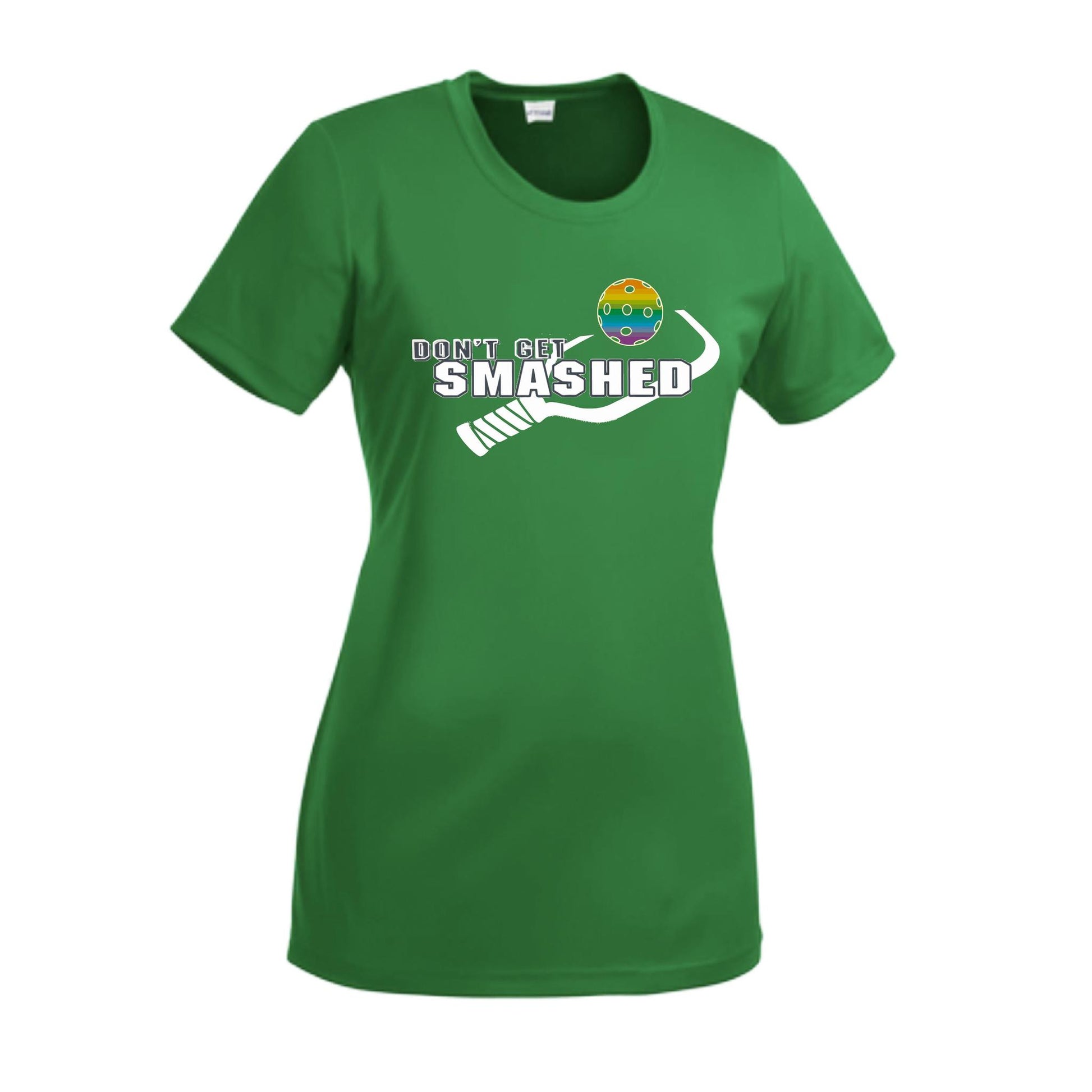 Don't Get Smashed With Pickleballs (Red Green Rainbow) Customizable | Women’s Short Sleeve Crewneck Athletic Performance T-Shirts | 100% Polyester