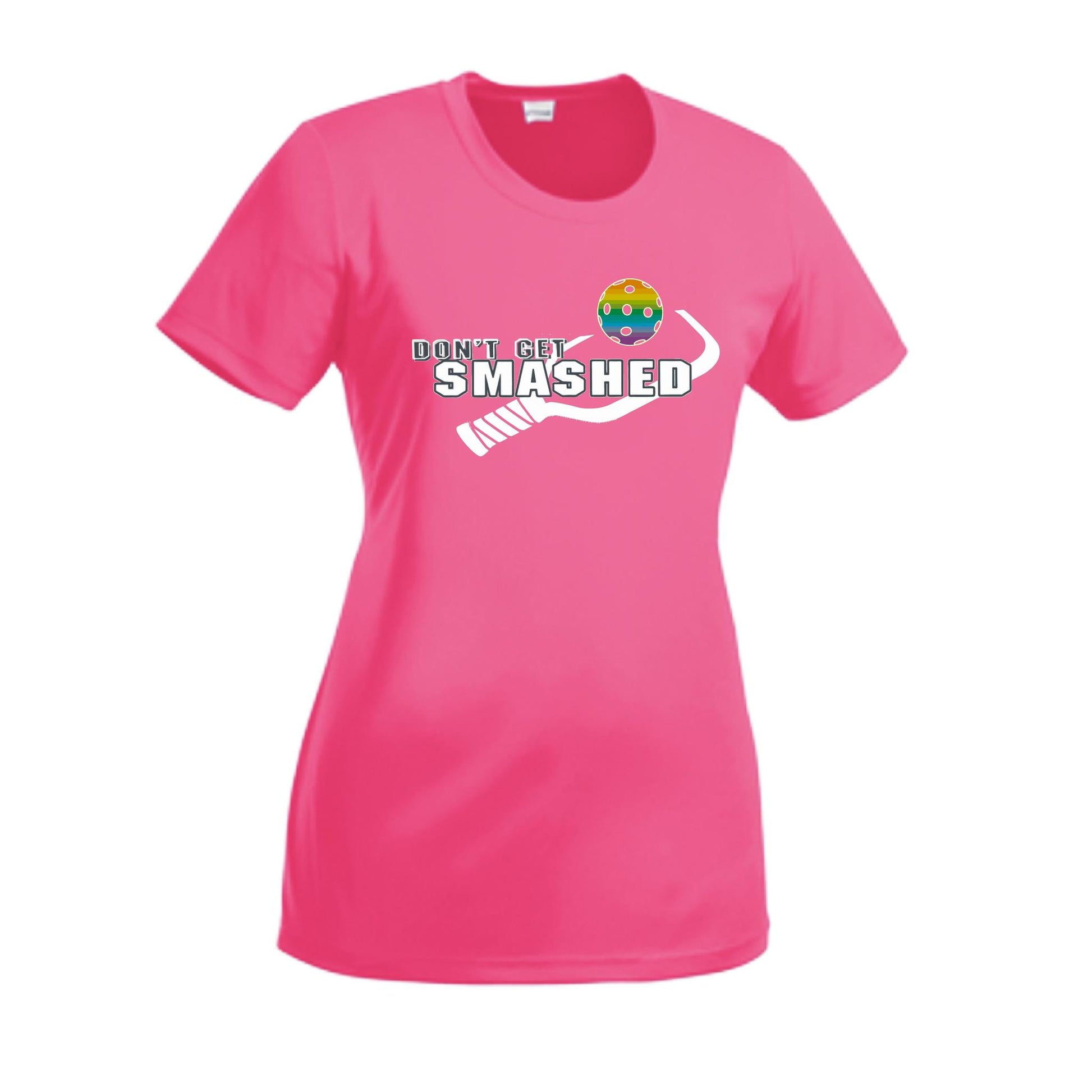 Don't Get Smashed With Pickleballs (Red Green Rainbow) Customizable | Women’s Short Sleeve Crewneck Athletic Performance T-Shirts | 100% Polyester