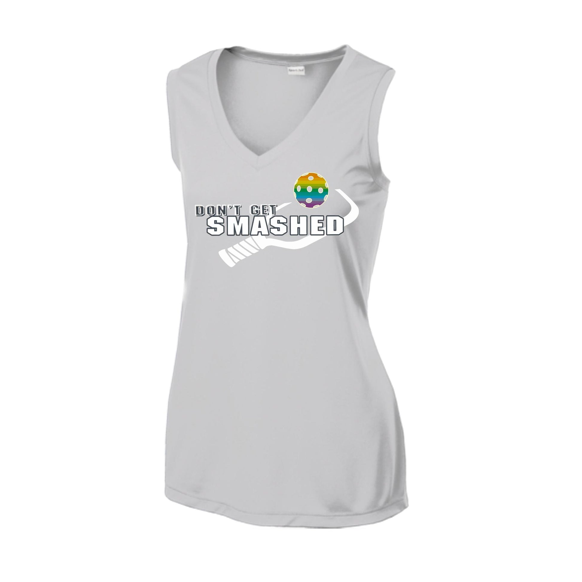 Don't Get Smashed With Pickleballs (Red Green Rainbow) | Women’s Sleeveless Athletic Performance T-Shirt | 100% Polyester