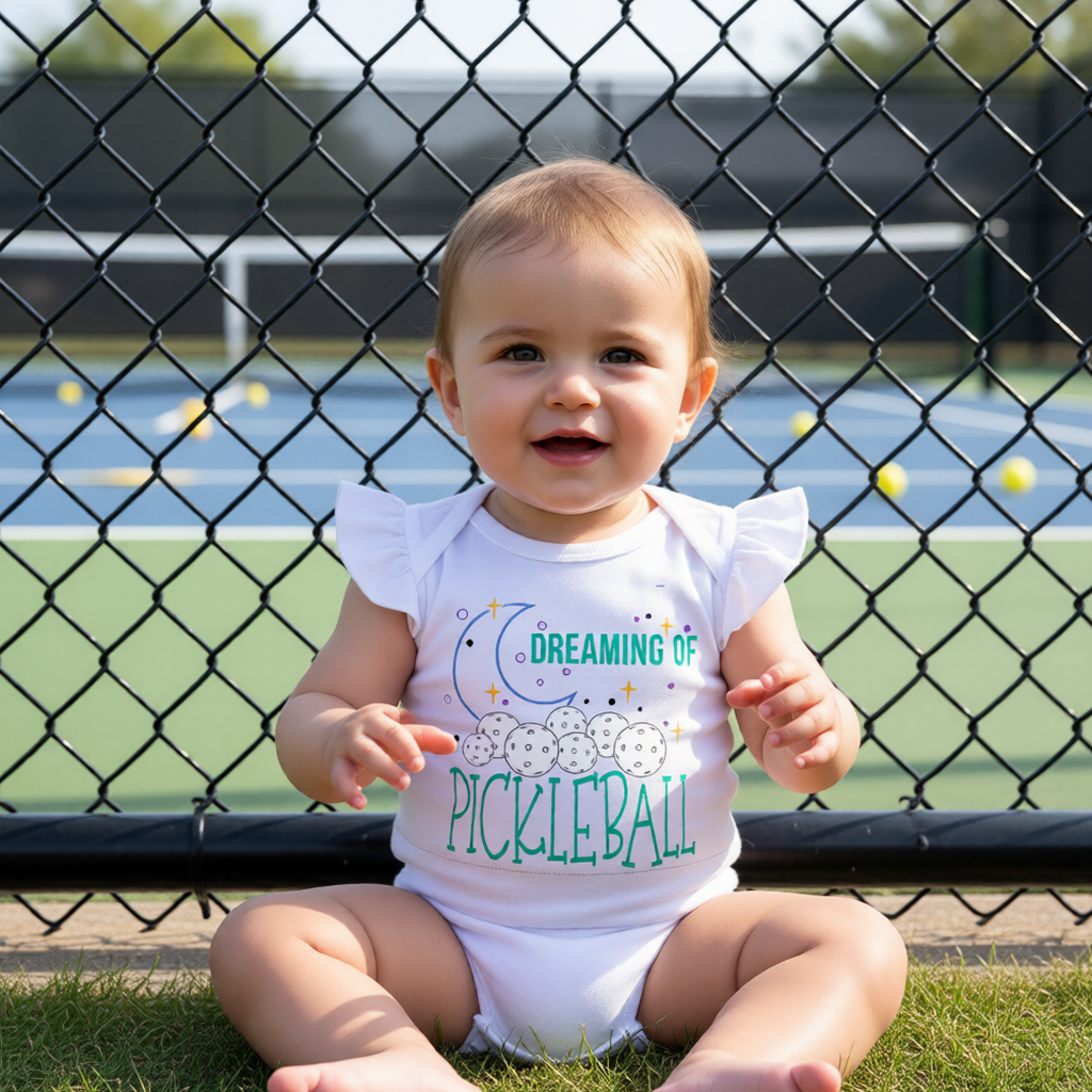 A baby sitting on grass in front of a chain-link fence on a pickleball court, wearing a white ruffle-sleeve bodysuit with a colorful graphic that reads 'DREAMING OF PICKLEBALL' with cartoon pickleballs and a paddle.