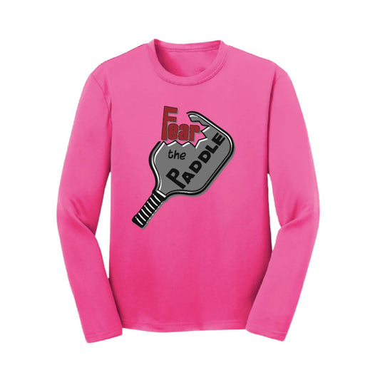Fear The Pickleball Paddle | Youth Long Sleeve Pickleball Performance T-Shirts | 100% Polyester