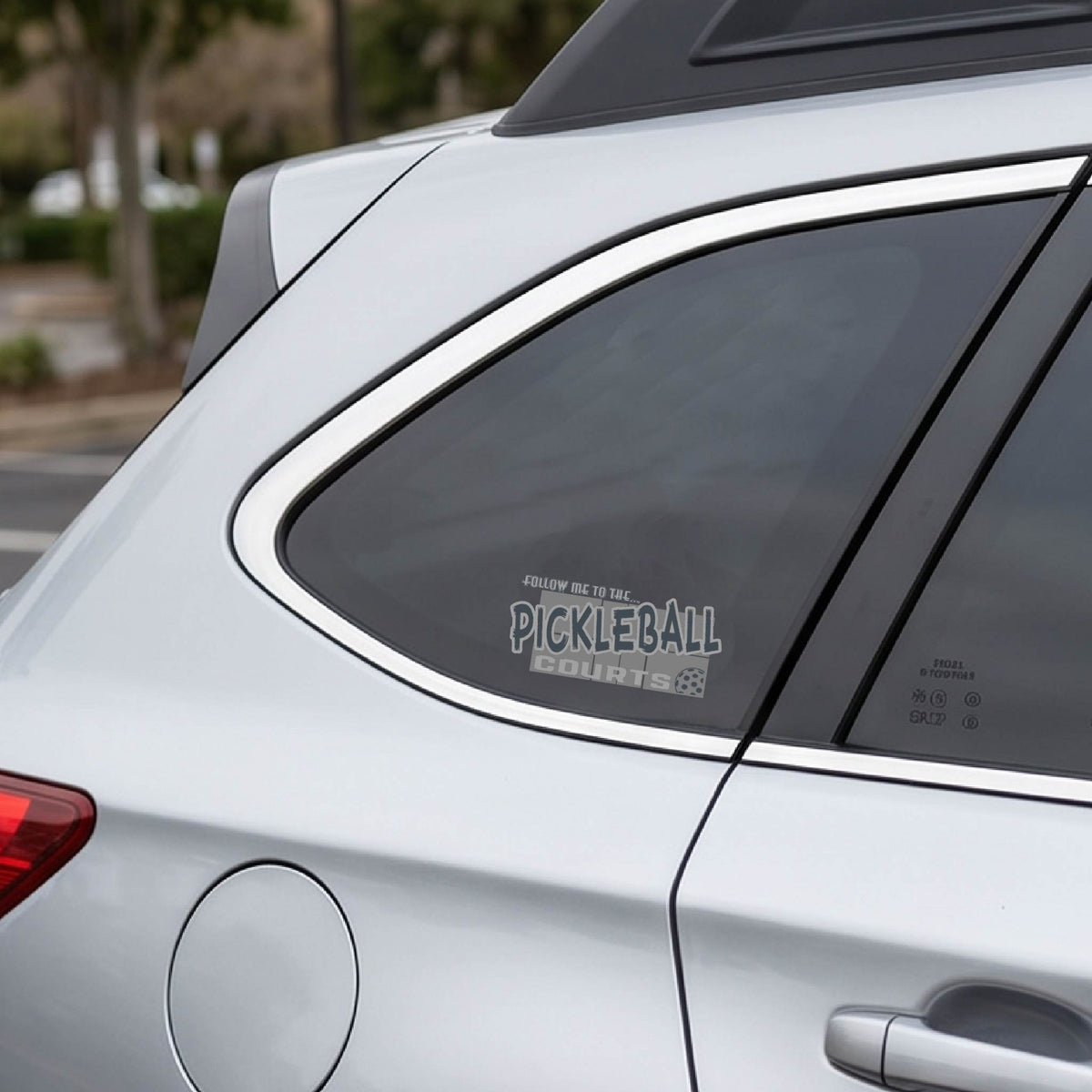 A car window showing a 'FOLLOW ME TO THE PICKLEBALL COURTS' vinyl decal sticker applied to a vehicle window. 