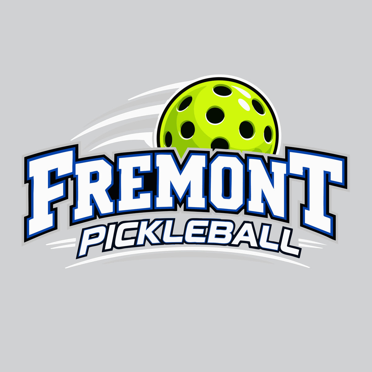 A stylized Fremont Pickleball logo on a light gray background, featuring a bright yellow-green pickleball above large white outlined 'FREMONT' text and smaller 'PICKLEBALL' text.