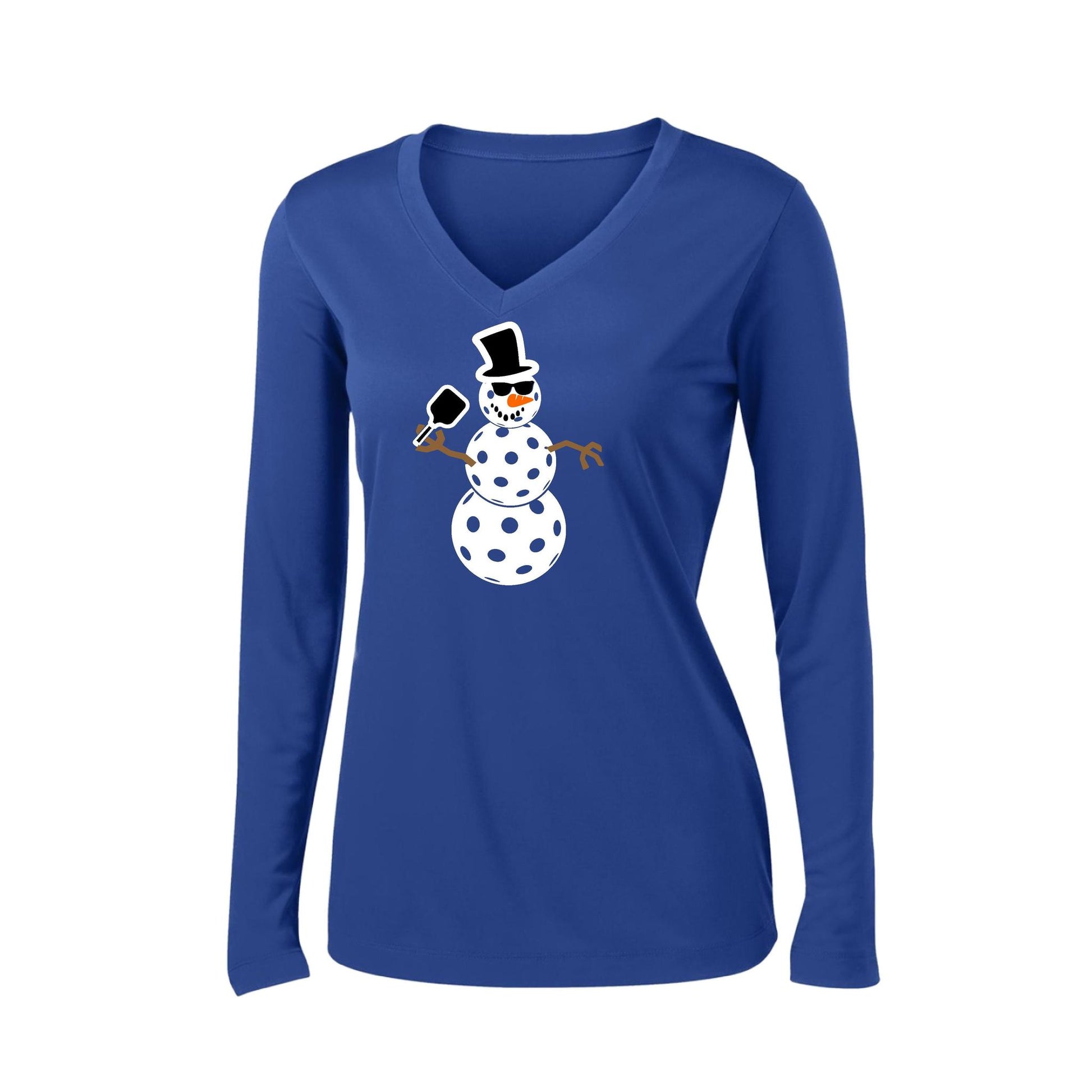 Frosty The Dinking Snowman | Women’s Long Sleeve V-Neck Pickleball Performance T-Shirt | 100% Polyester