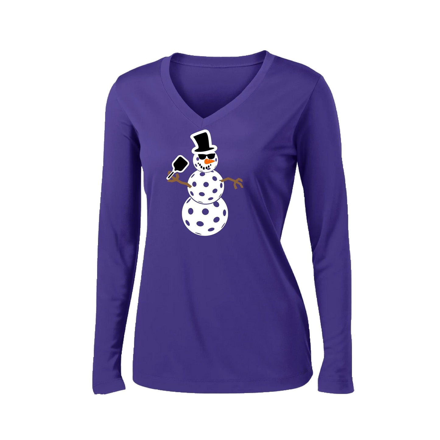 Frosty The Dinking Snowman | Women’s Long Sleeve V-Neck Pickleball Performance T-Shirt | 100% Polyester