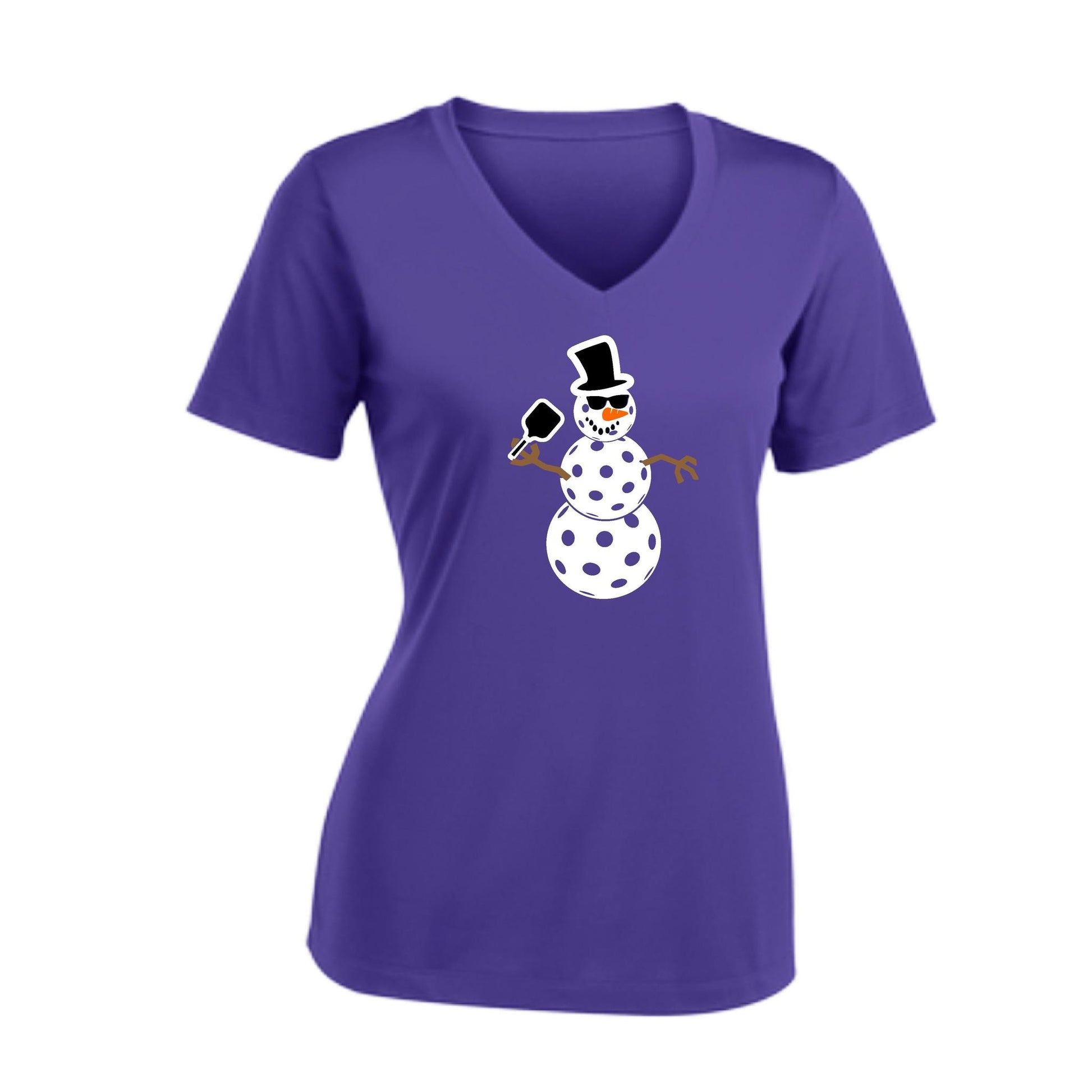 Frosty The Dinking Snowman | Women's Short Sleeve V-Neck Pickleball Performance T-Shirts | 100% Polyester