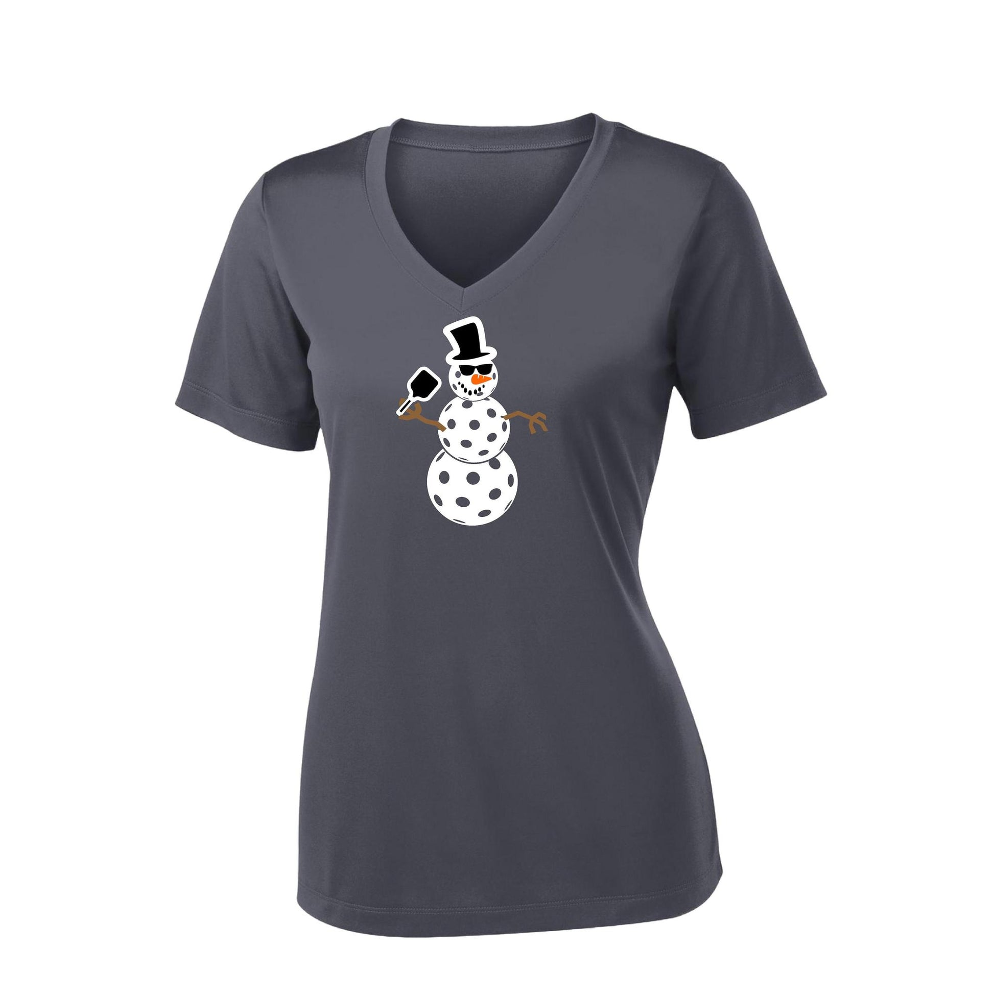 Frosty The Dinking Snowman | Women's Short Sleeve V-Neck Pickleball Performance T-Shirts | 100% Polyester