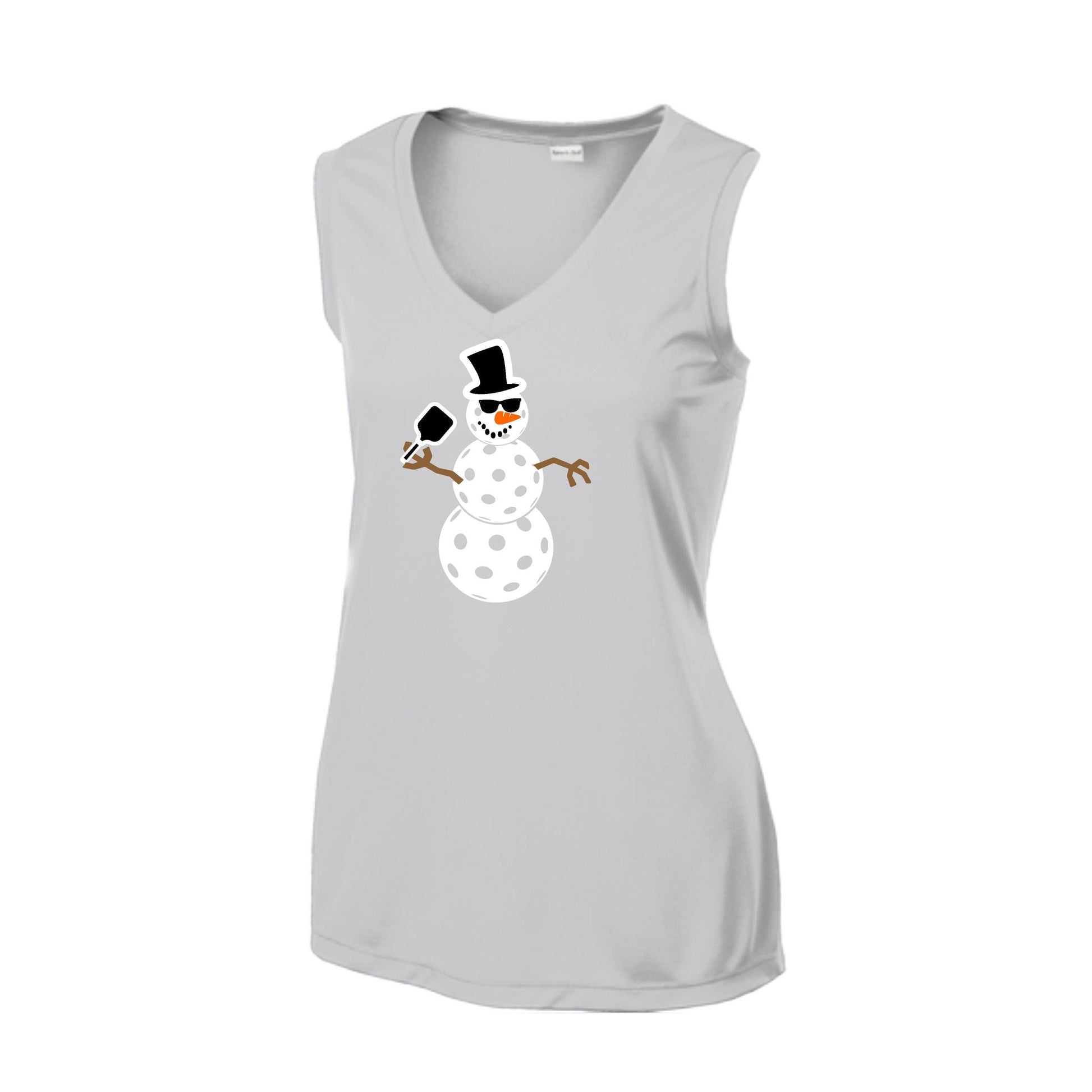 Frosty The Dinking Snowman | Women’s Sleeveless Pickleball Performance T-Shirt | 100% Polyester