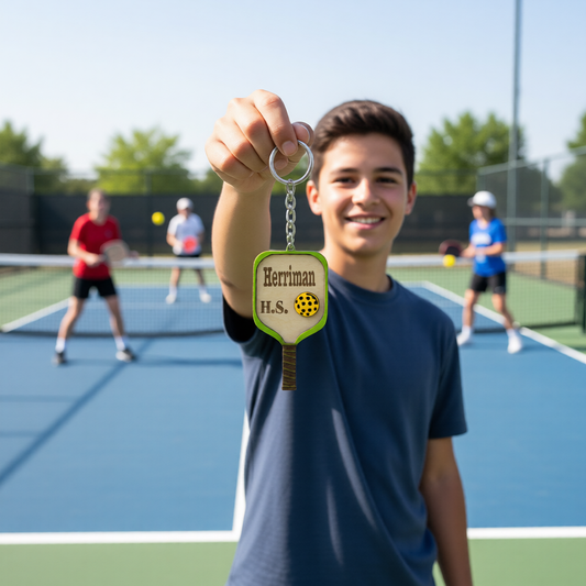 Set of 10 Herriman Custom Pickleball Paddle Keychain, Personalized Balsa Wood Keychain, Pickleball Player Gift