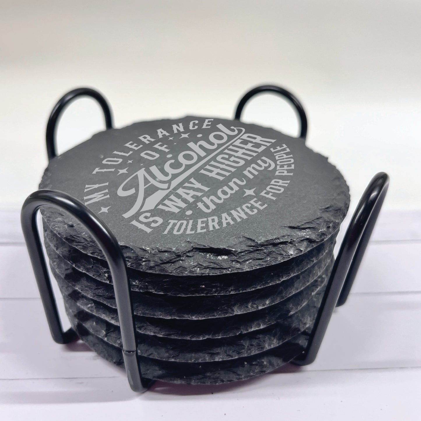 Happy Hours Alcohol Slate Stone Coasters | Set of Six Round or Square & Metal Holder | Funny Drink Sayings