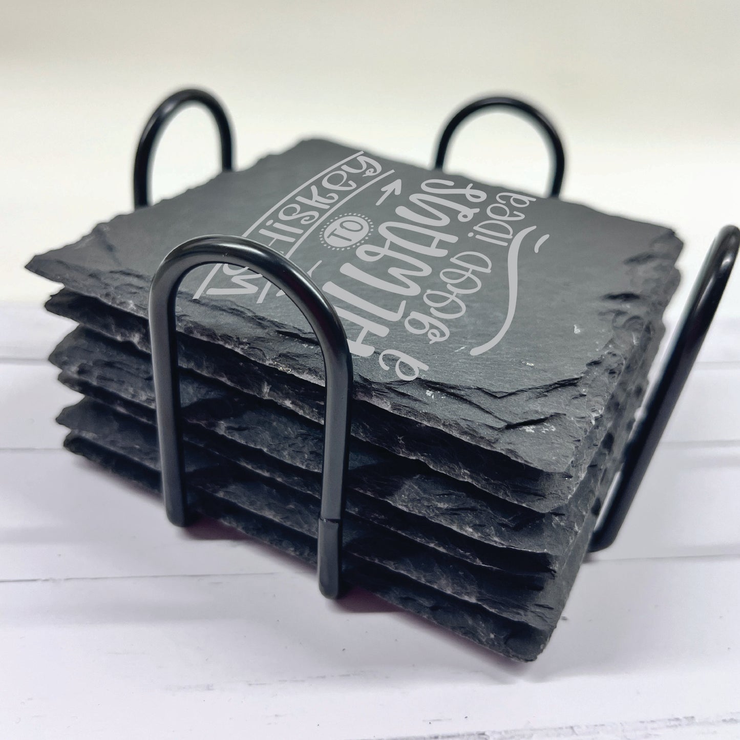 Happy Hours Alcohol Slate Stone Coasters | Set of Six Round or Square & Metal Holder | Funny Drink Sayings