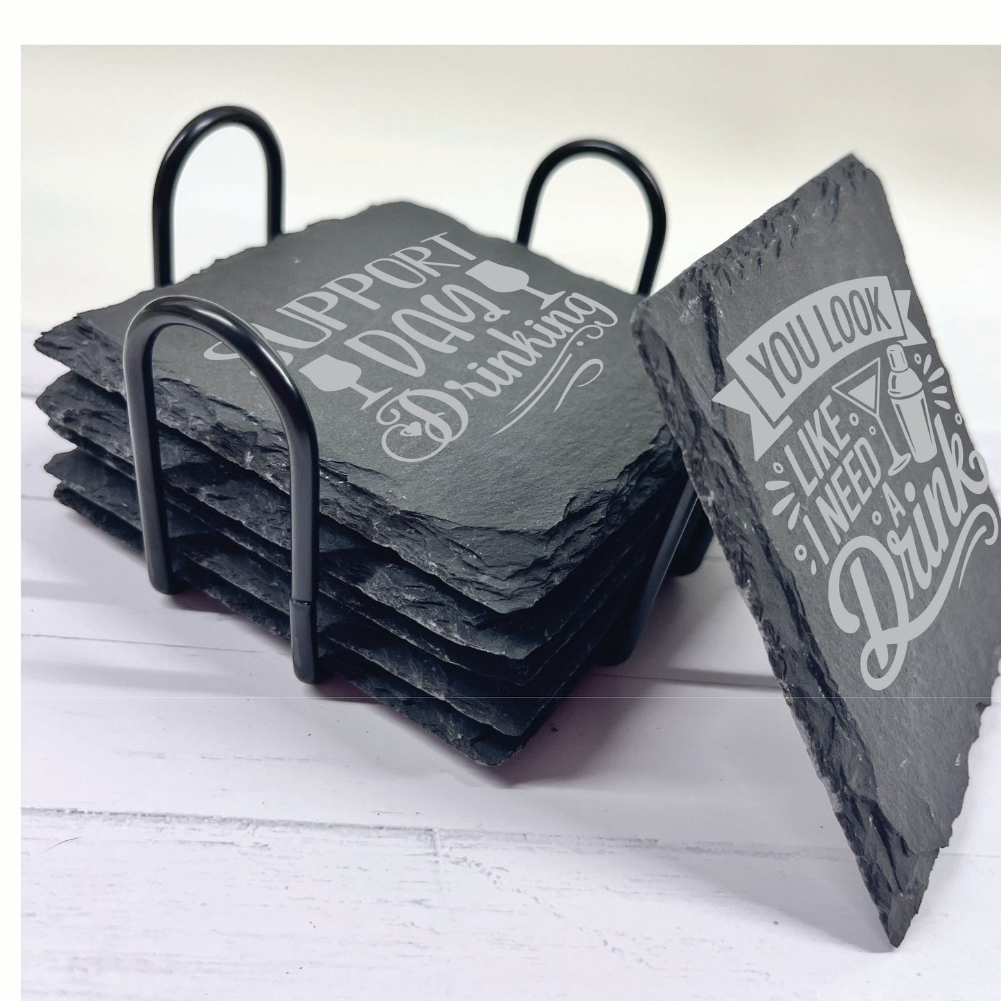 Happy Hours Alcohol Slate Stone Coasters | Set of Six Round or Square & Metal Holder | Funny Drink Sayings