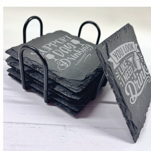 Happy Hours Alcohol Slate Stone Coasters | Set of Six Round or Square & Metal Holder | Funny Drink Sayings