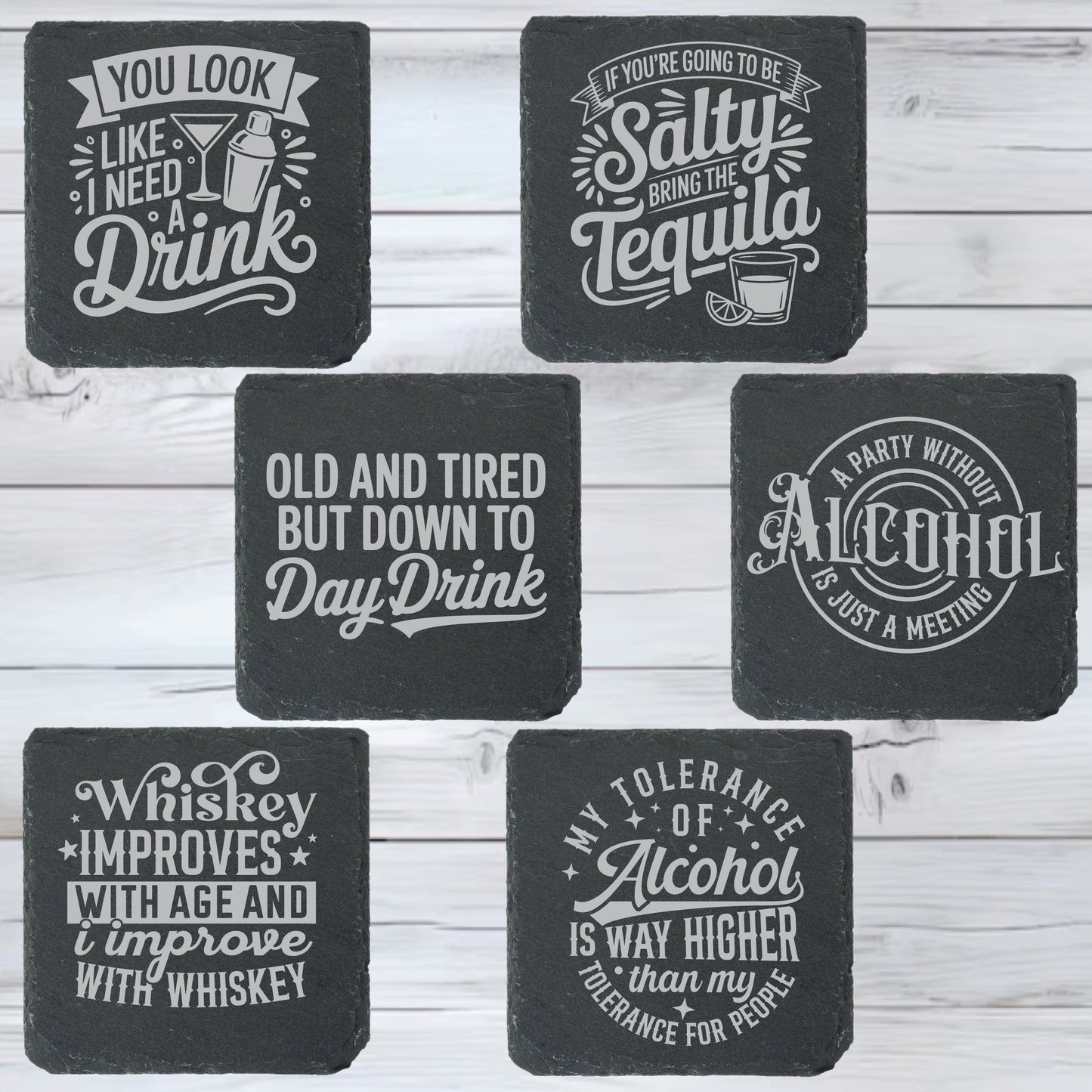 Happy Hours Alcohol Slate Stone Coasters | Set of Six Round or Square & Metal Holder | Funny Drink Sayings
